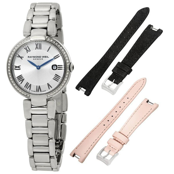 Raymond Weil Women's 1600-STS-RE659 Shine Extra Black and Pink Leather Strap Diamond Stainless Steel Watch