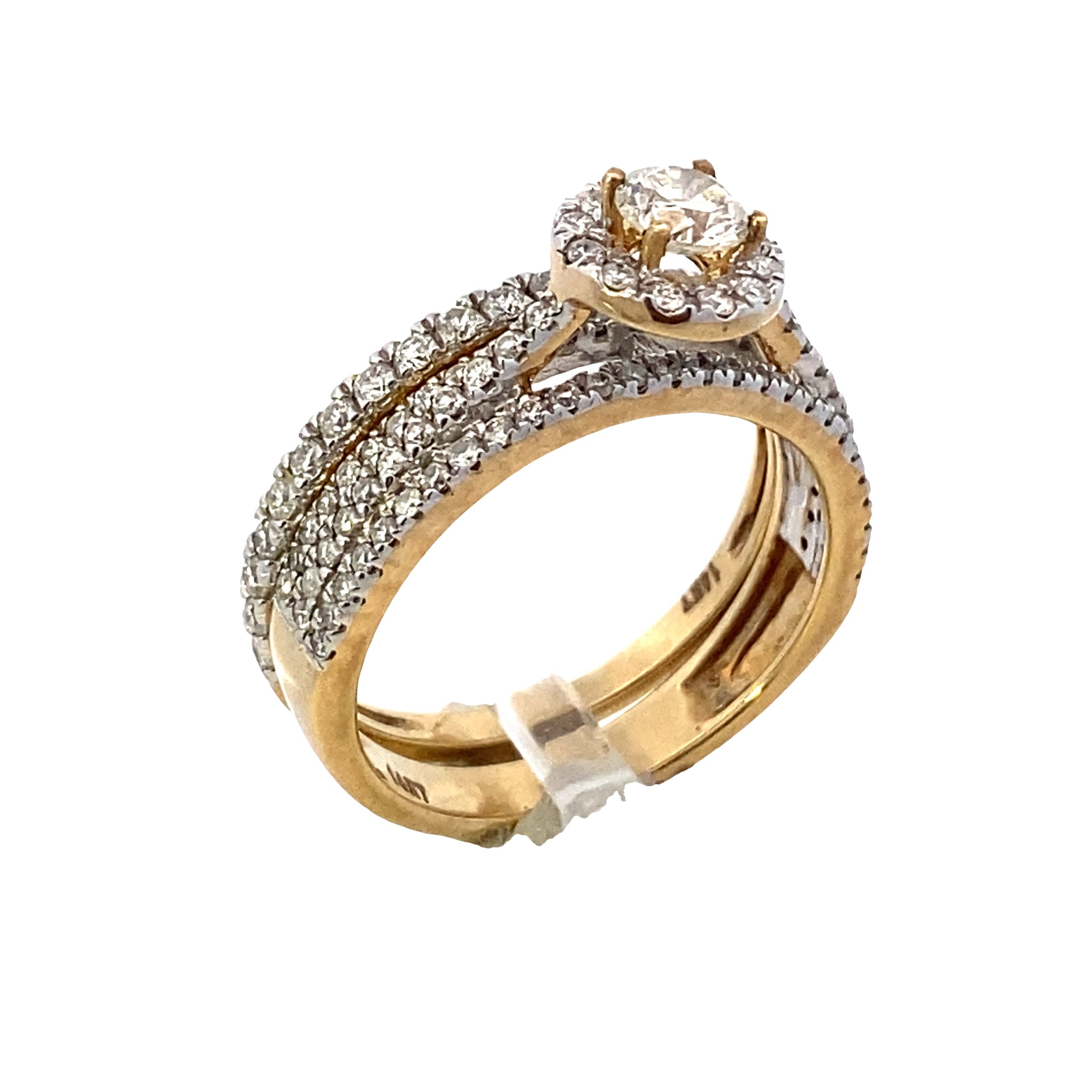 14k Triple Diamond Band Round-Cut Halo Diamond Yellow Gold Wedding Set