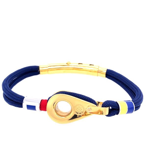 Navy Blue Double Cord with Gold Pulley and Nautical Flags Charms Bracelet (Blue/Gold)