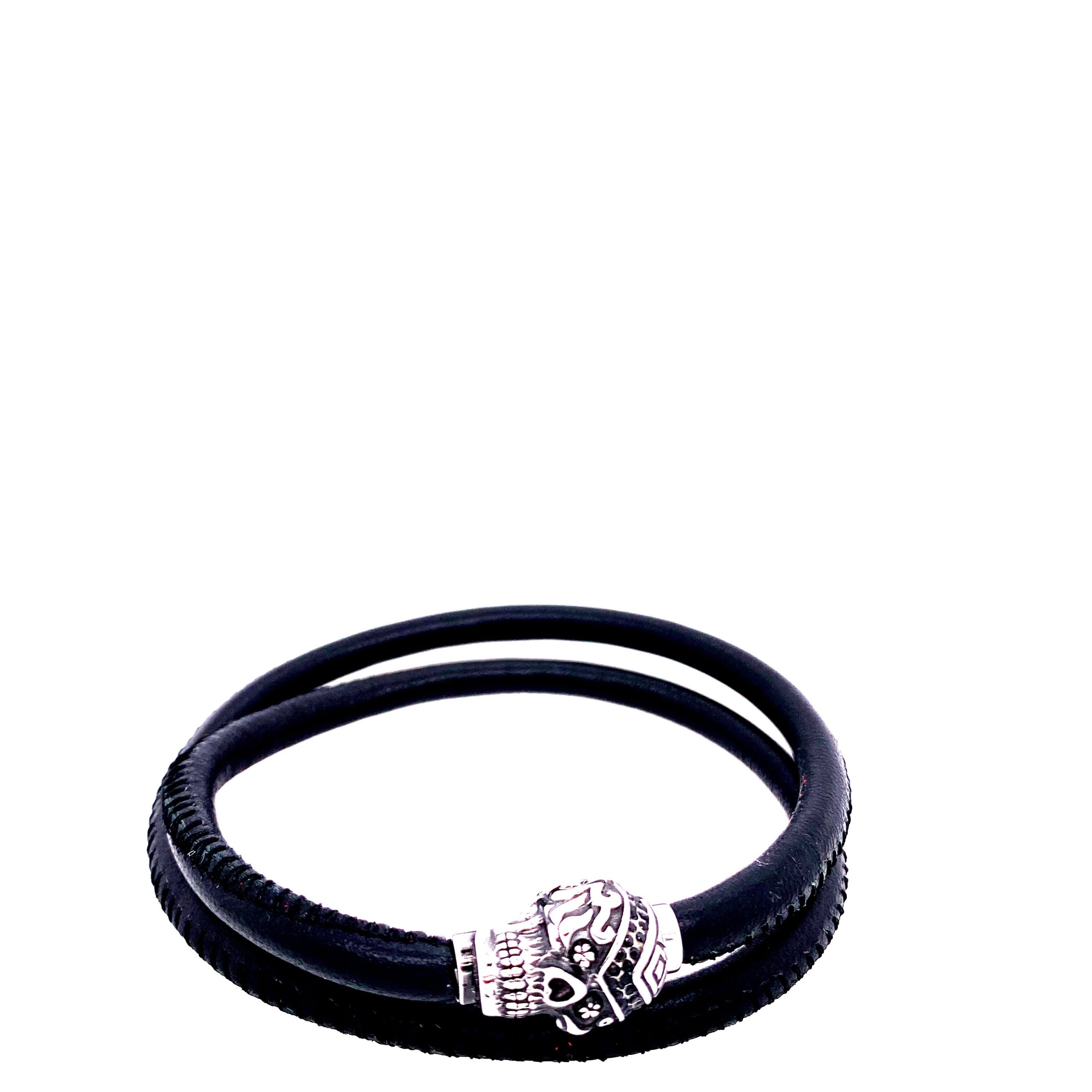 Black Leather Steel Skull Wrap Bracelet