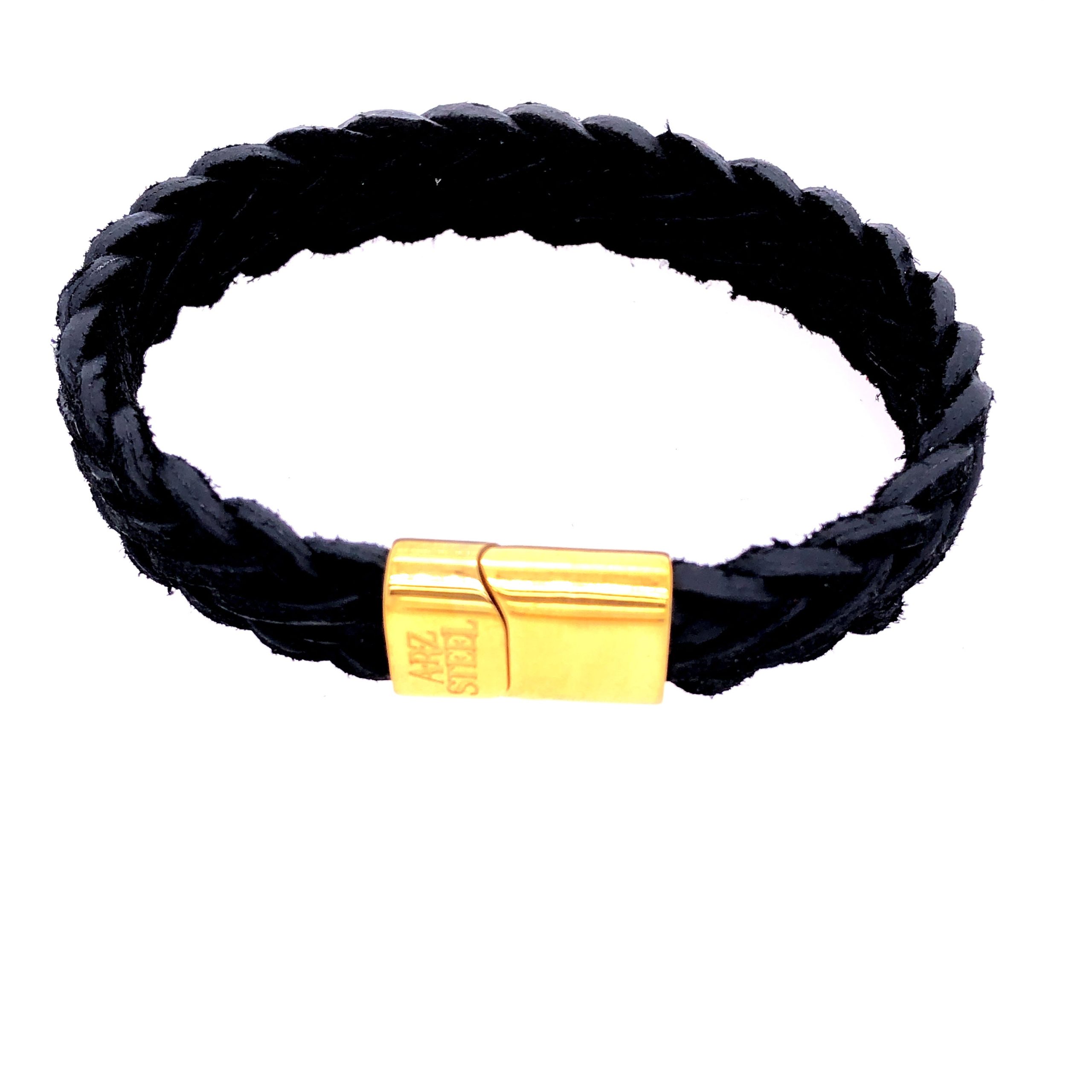 Black Leather Gold Steel Clasp Bracelet