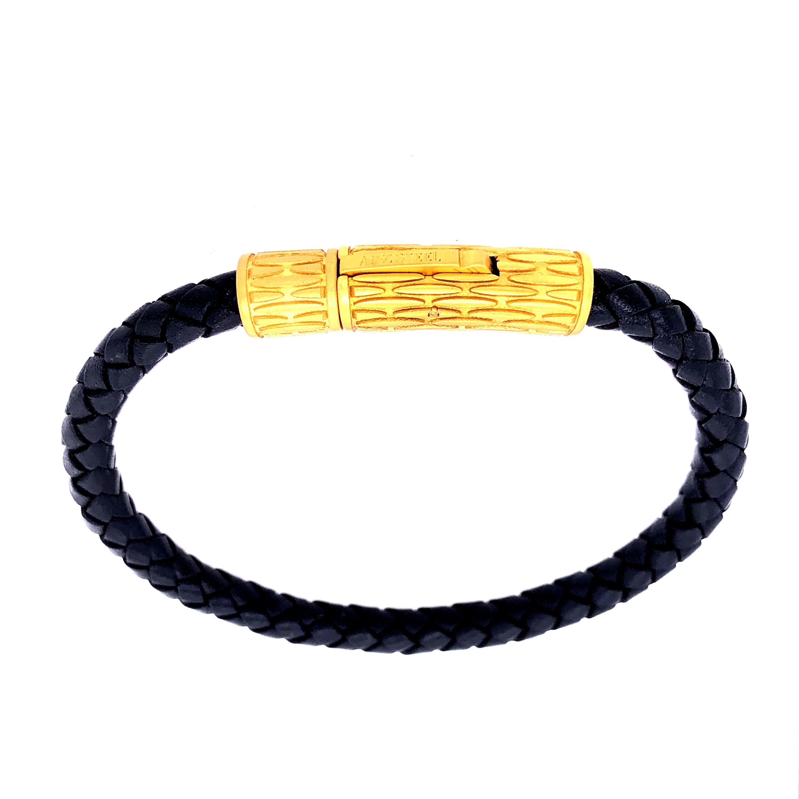 6mm Black Leather and Gold Steel Clasp Bracelet