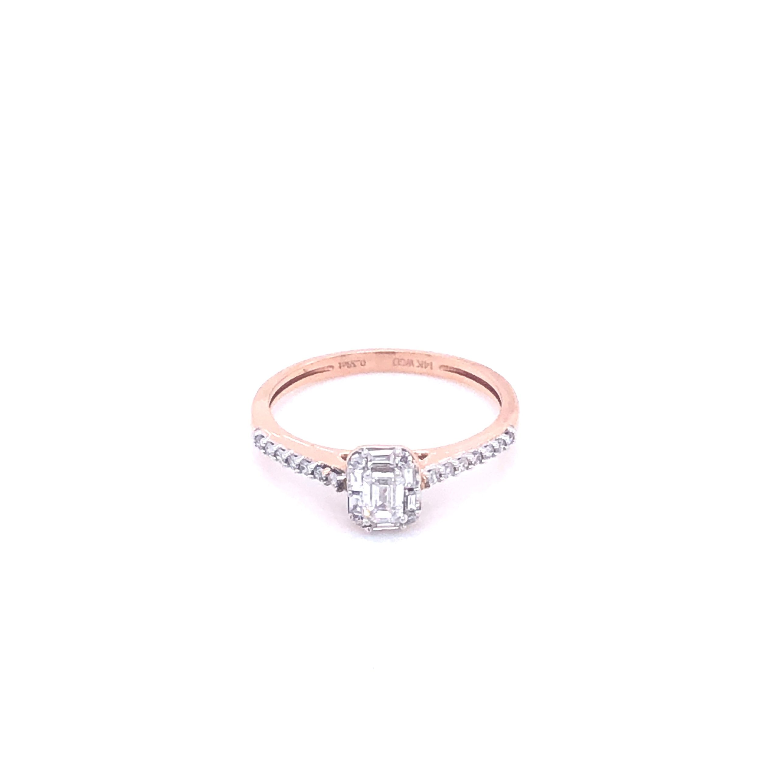 14K DIAMOND Emerald-Shaped with Emerald Cut Diamonds Rose Gold Engagement Ring