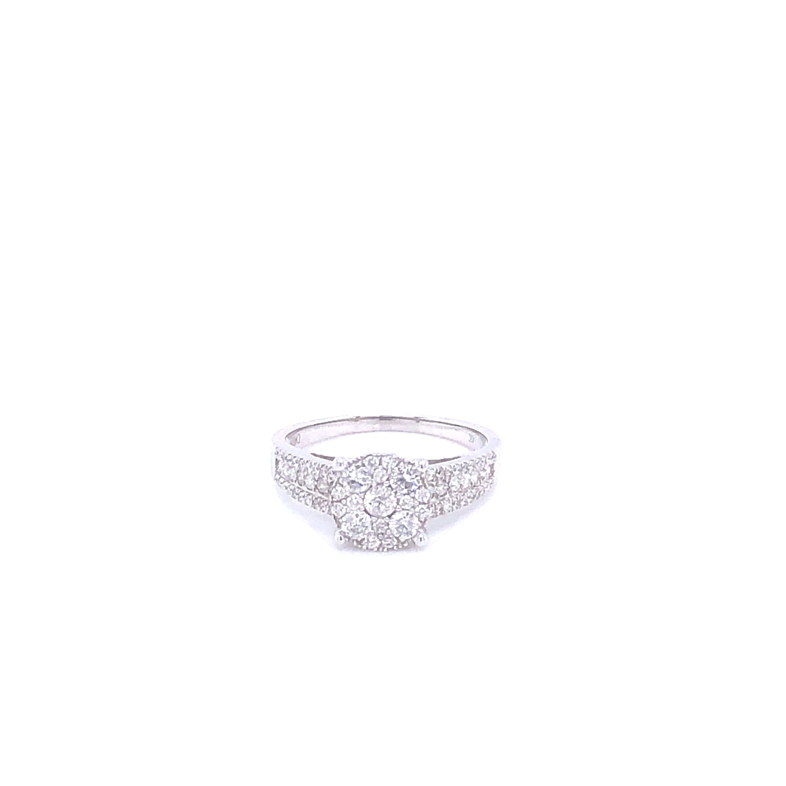 Round-Shaped Big Diamond Cluster White Gold Engagement Ring