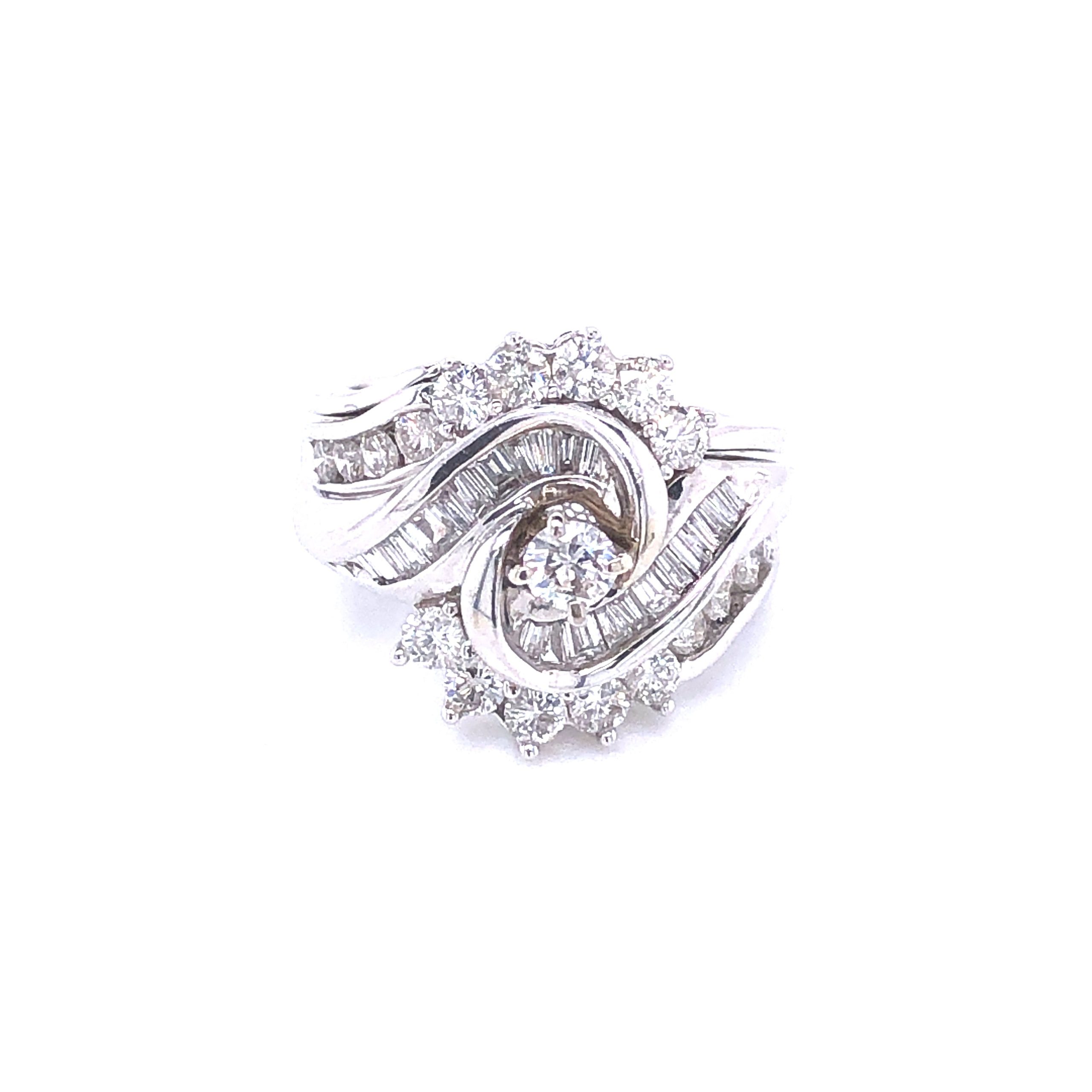 Wide Twist Round & Baguette Cut Diamonds White Gold Engagement Ring