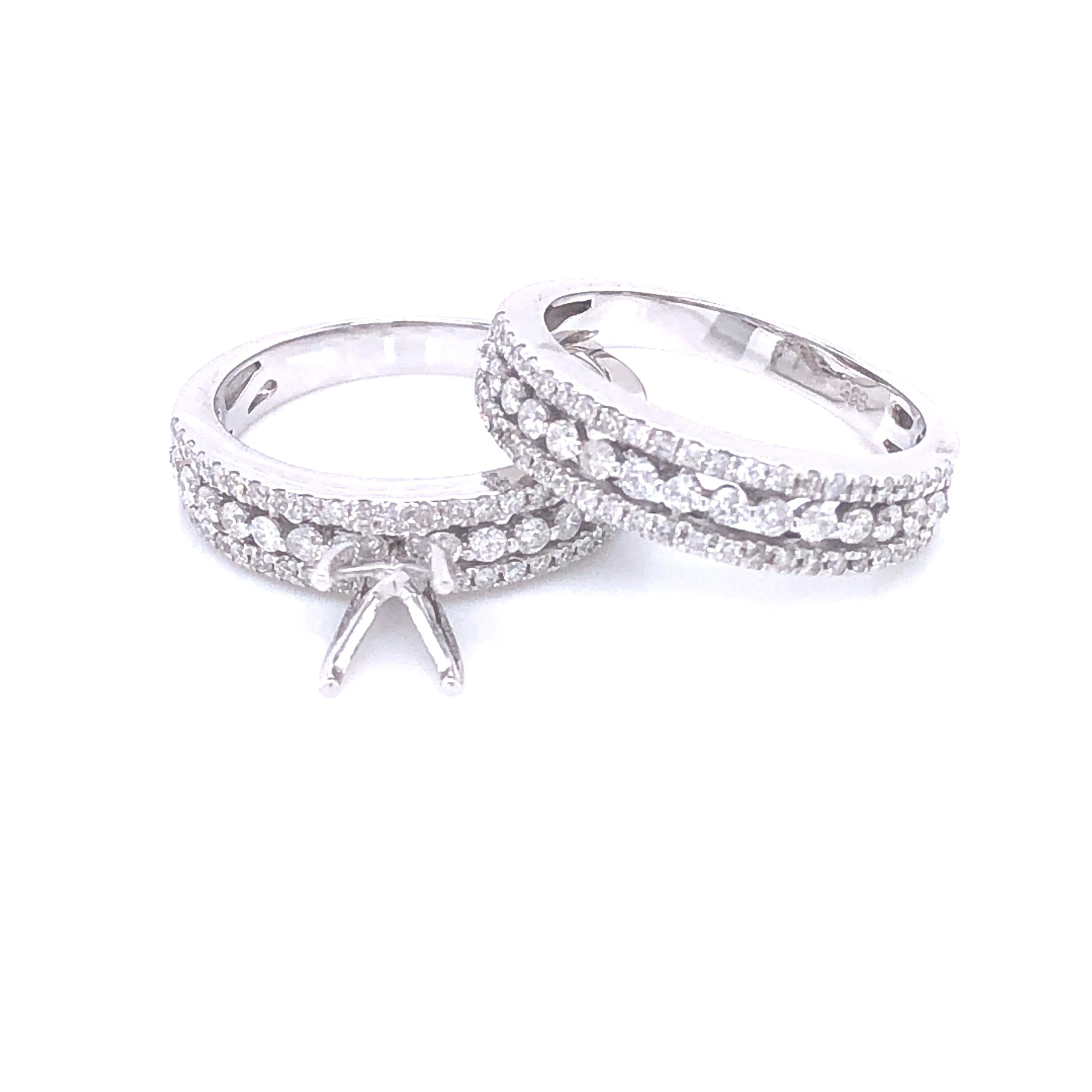 14k Diamond Prong Wide Band Diamonds White Gold Engagement Set