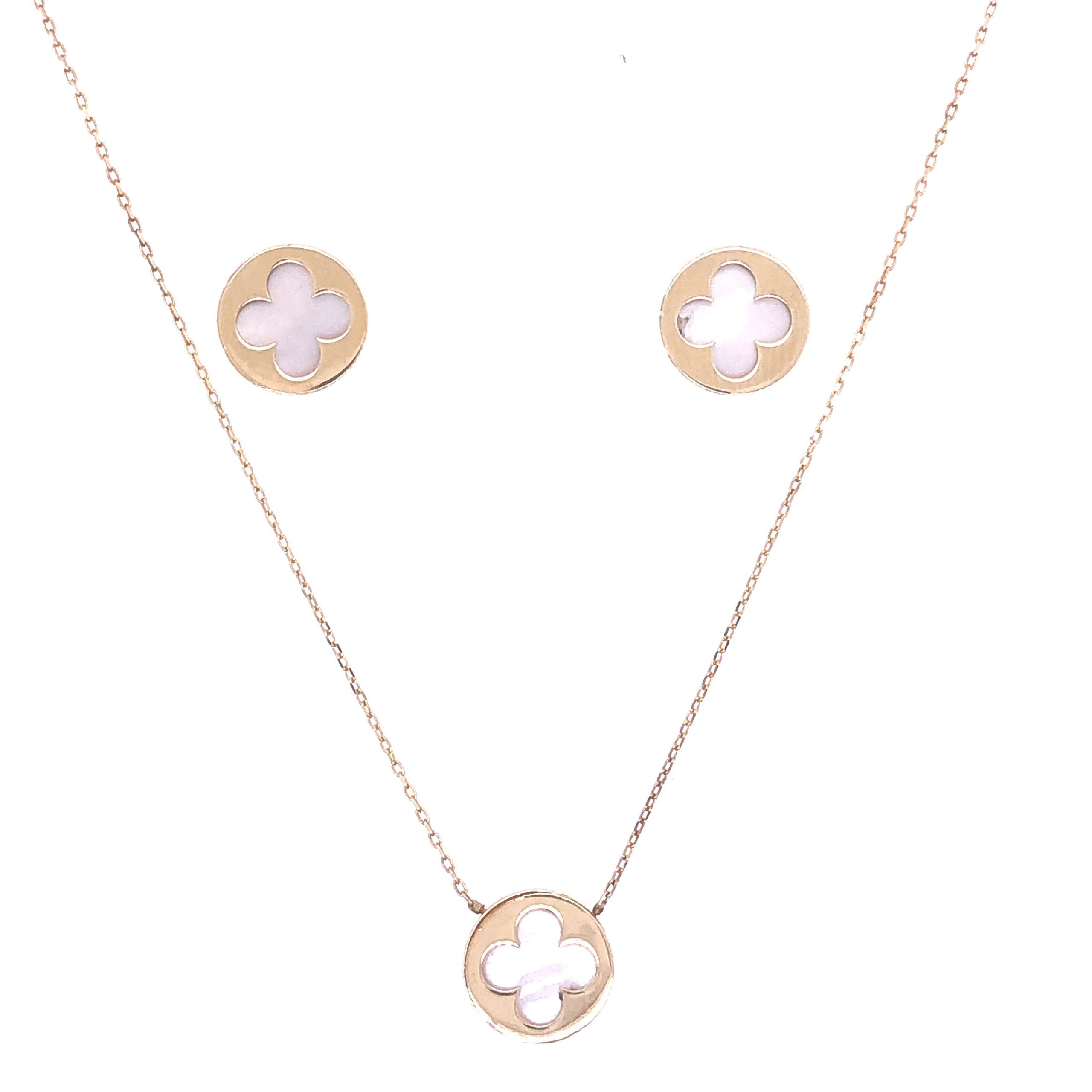 14K Necklace And Earring Set With Clover Design