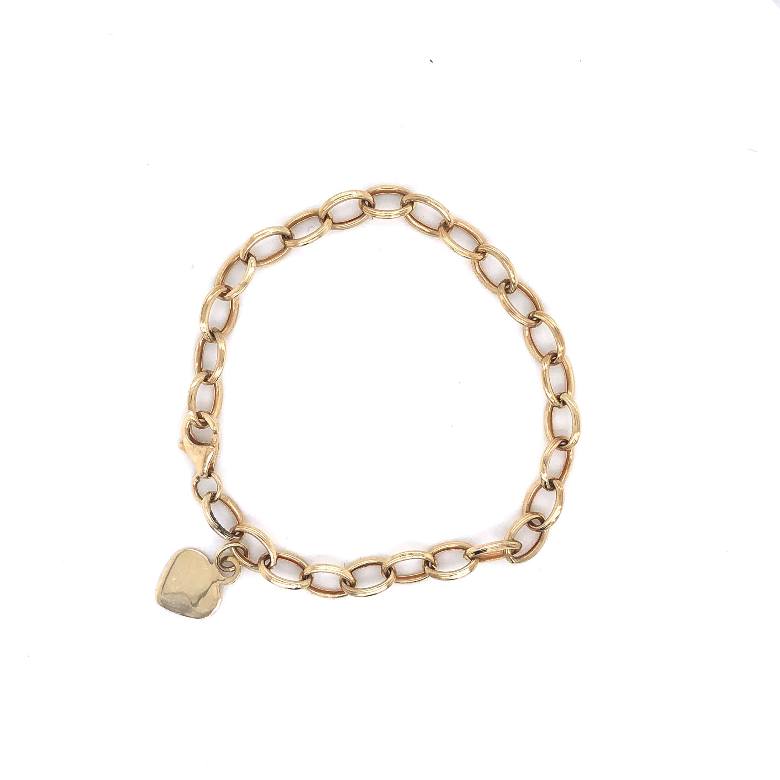 14K Wide Link Heart Dangle Gold Bracelet