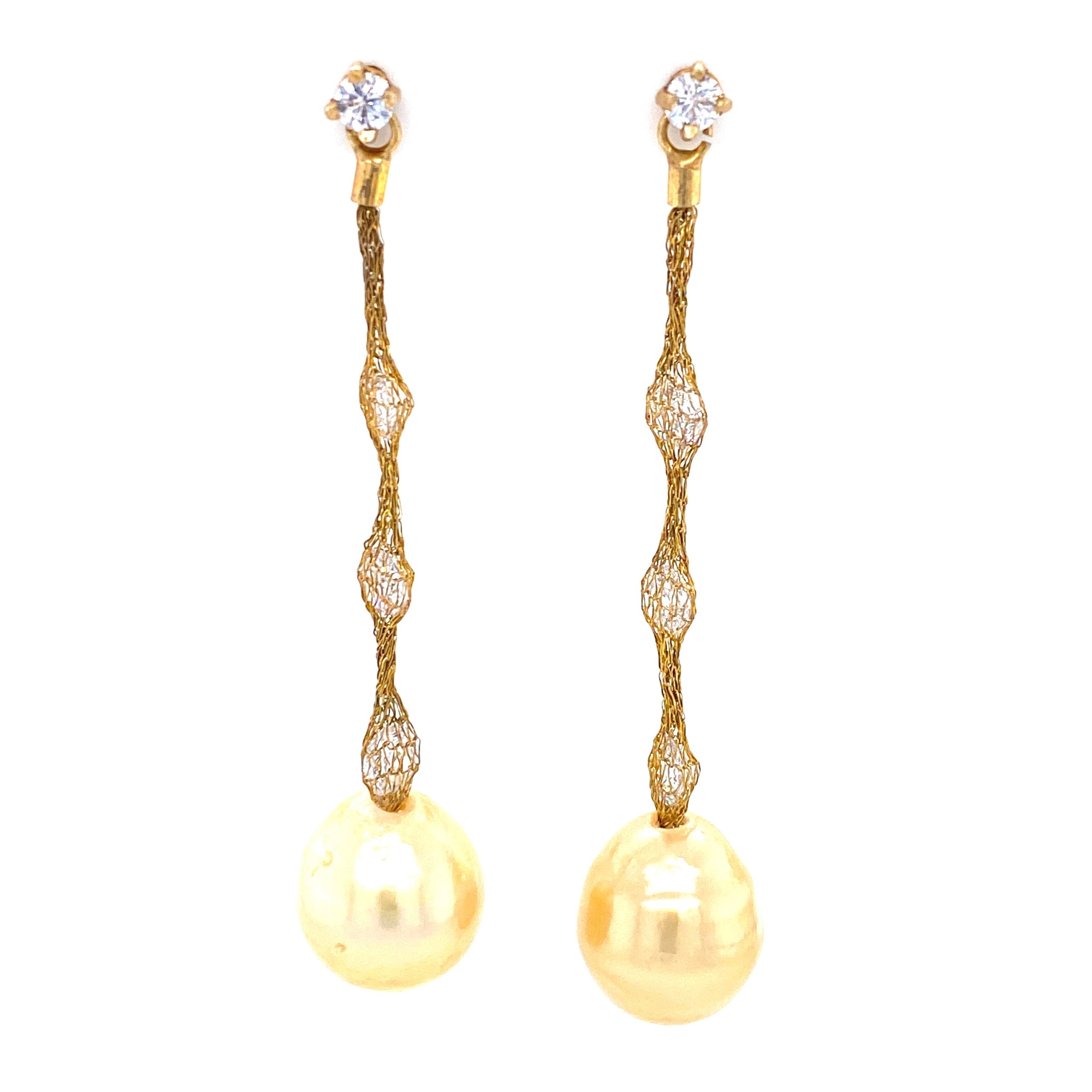 Yellow Pearls & Cubic Zirconia Golden Mesh Earrings