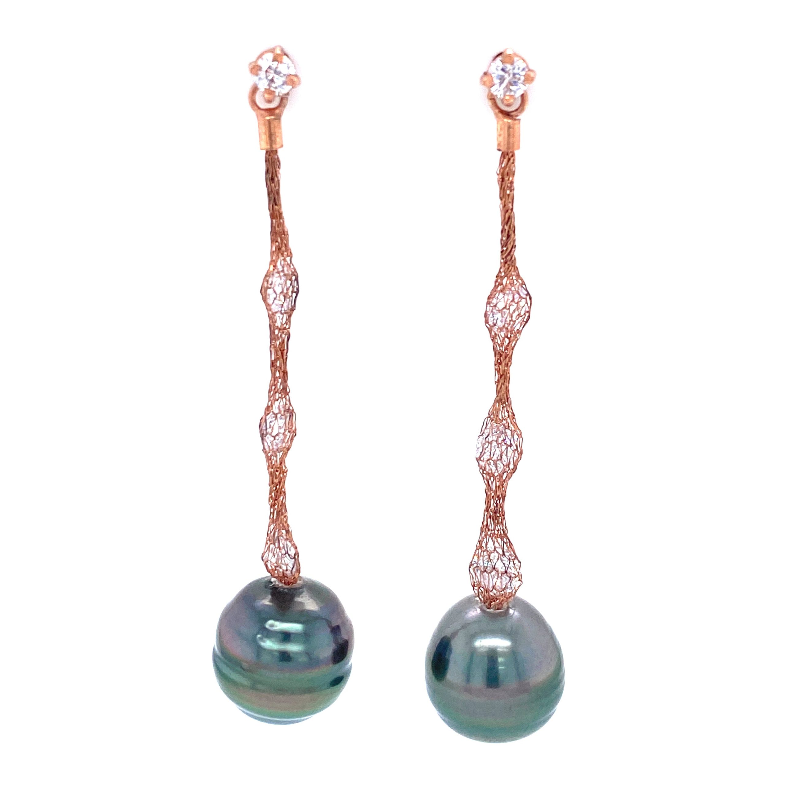 Iridescent Blue Pearls & Cubic Zirconia Rose Gold Mesh Earrings