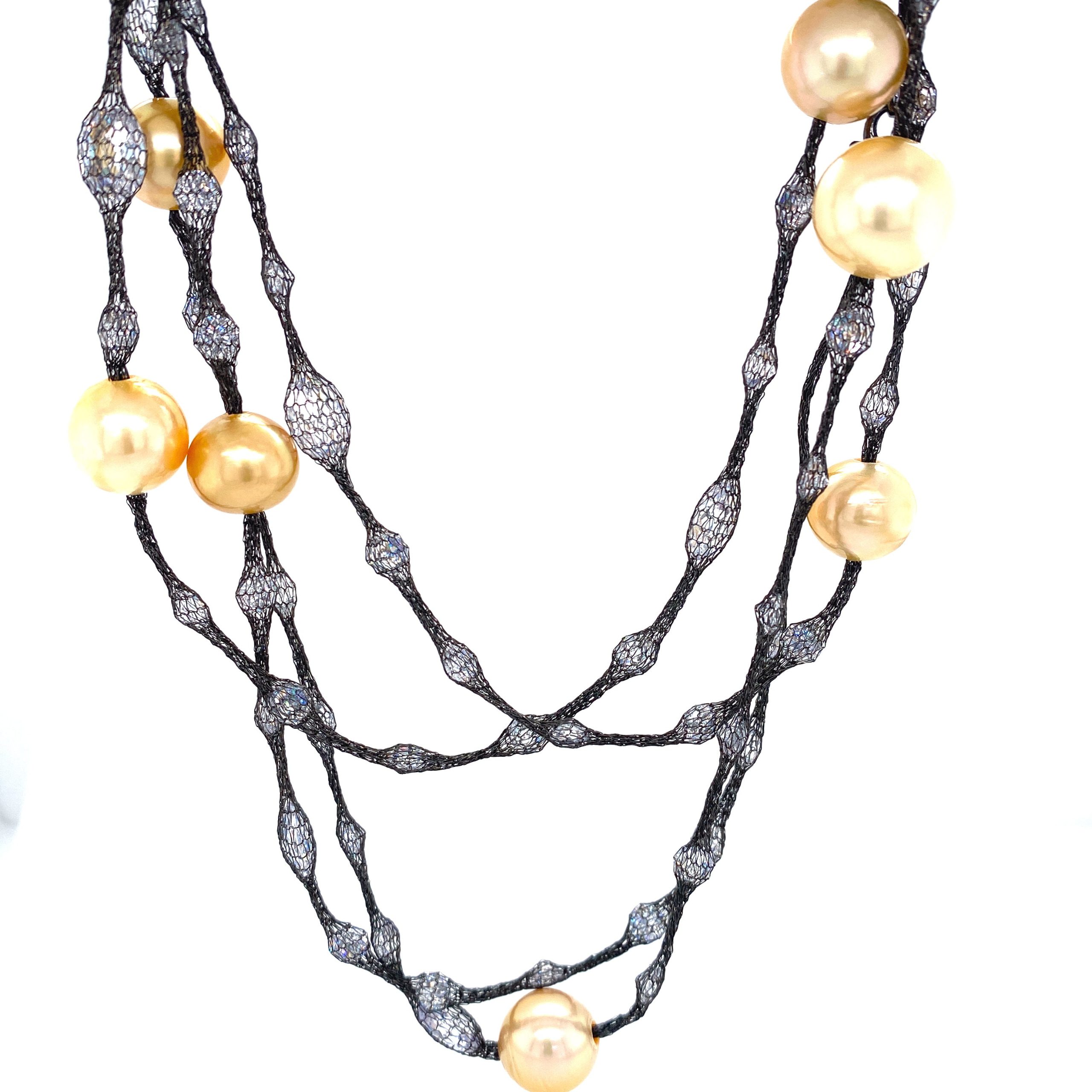Yellow Pearls & Cubic Zirconia Grey Mesh Long Necklace