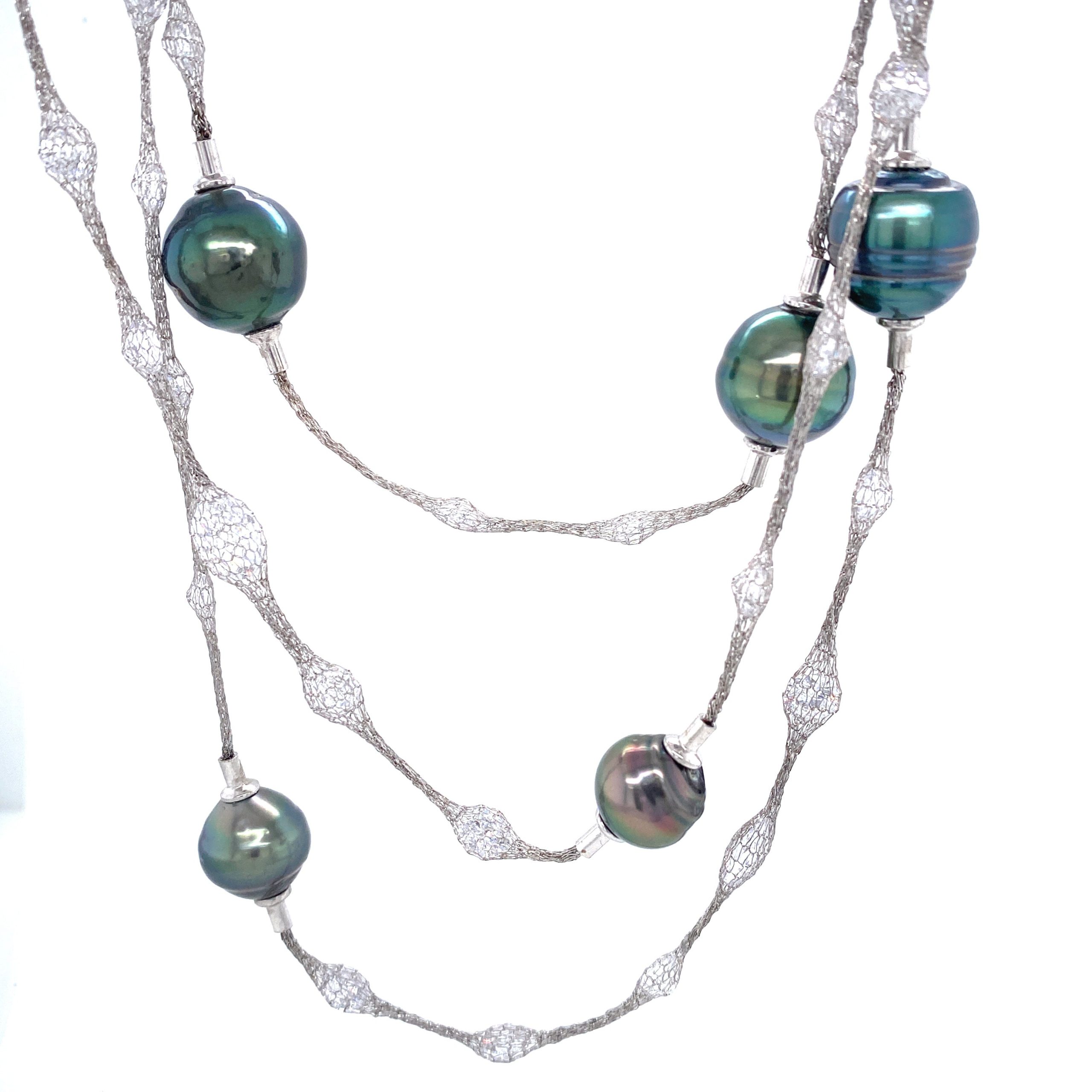 Iridescent Blue Pearls & Cubic Zirconia Silver Mesh Long Necklace