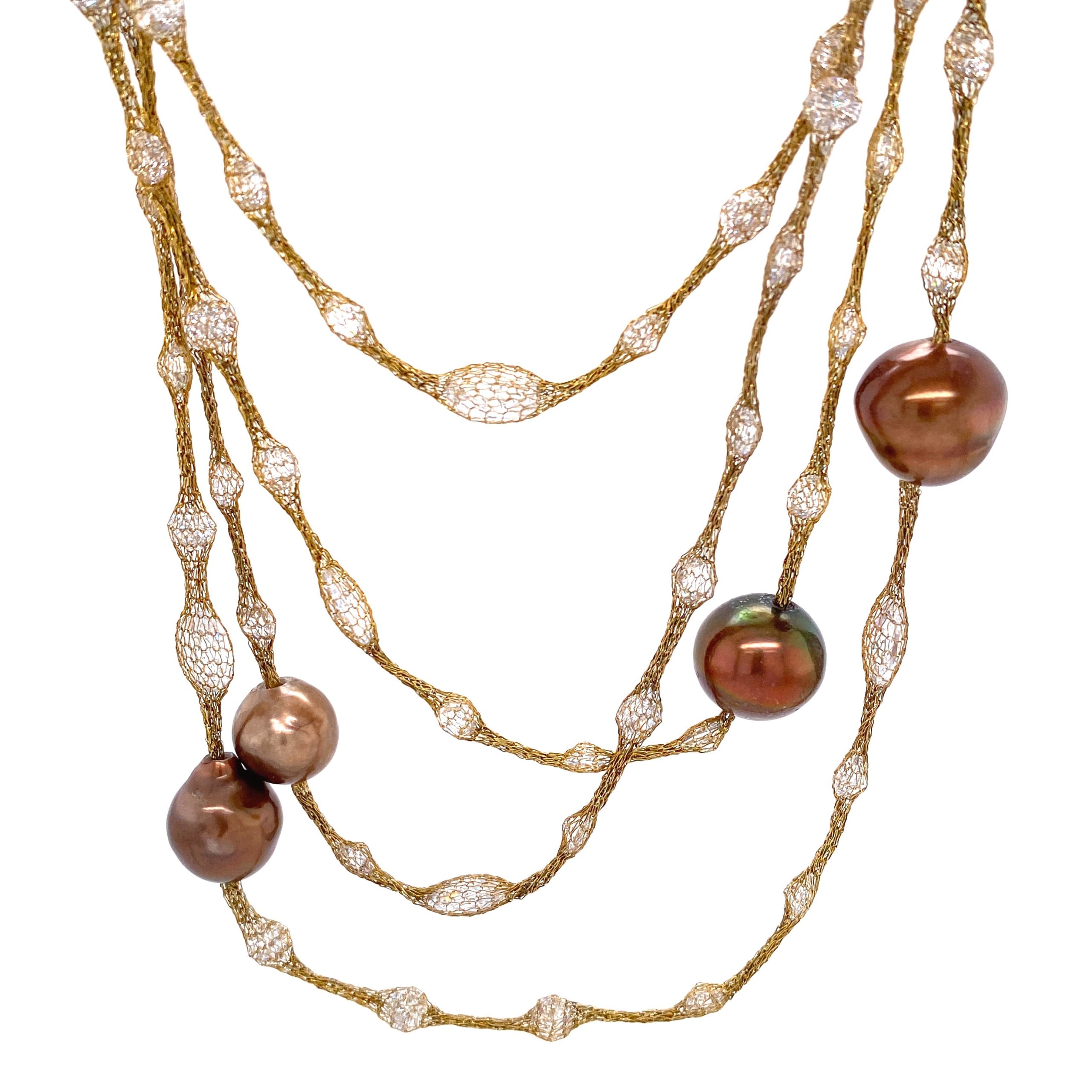 Brown Pearls & Cubic Zirconia Rose Gold Mesh Long Necklace