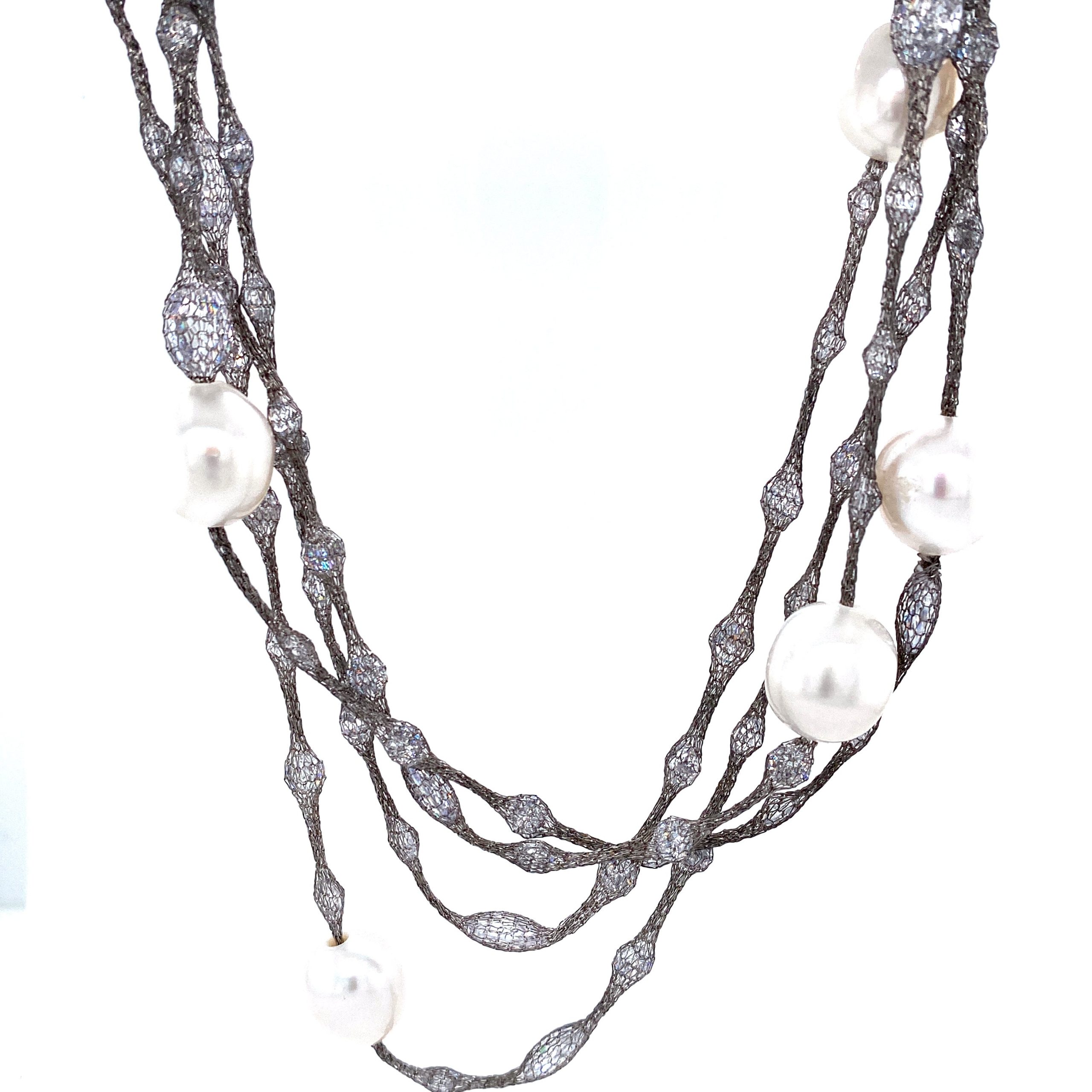 White Pearls & Cubic Zirconia Silver Mesh Long Necklace