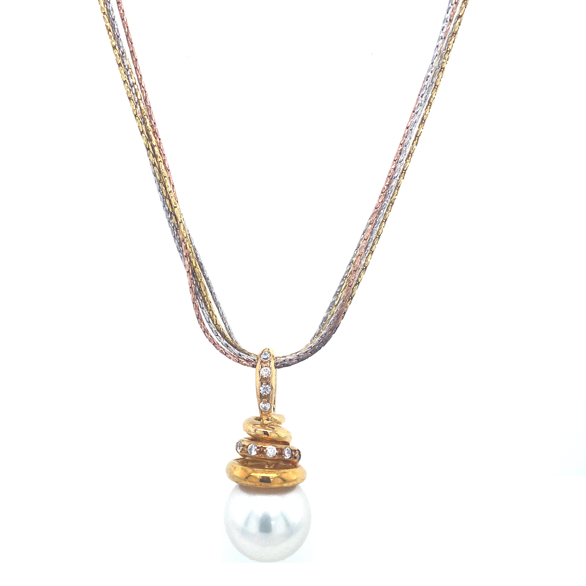 5 Row Tri-Color Necklace with Pearl Pendant