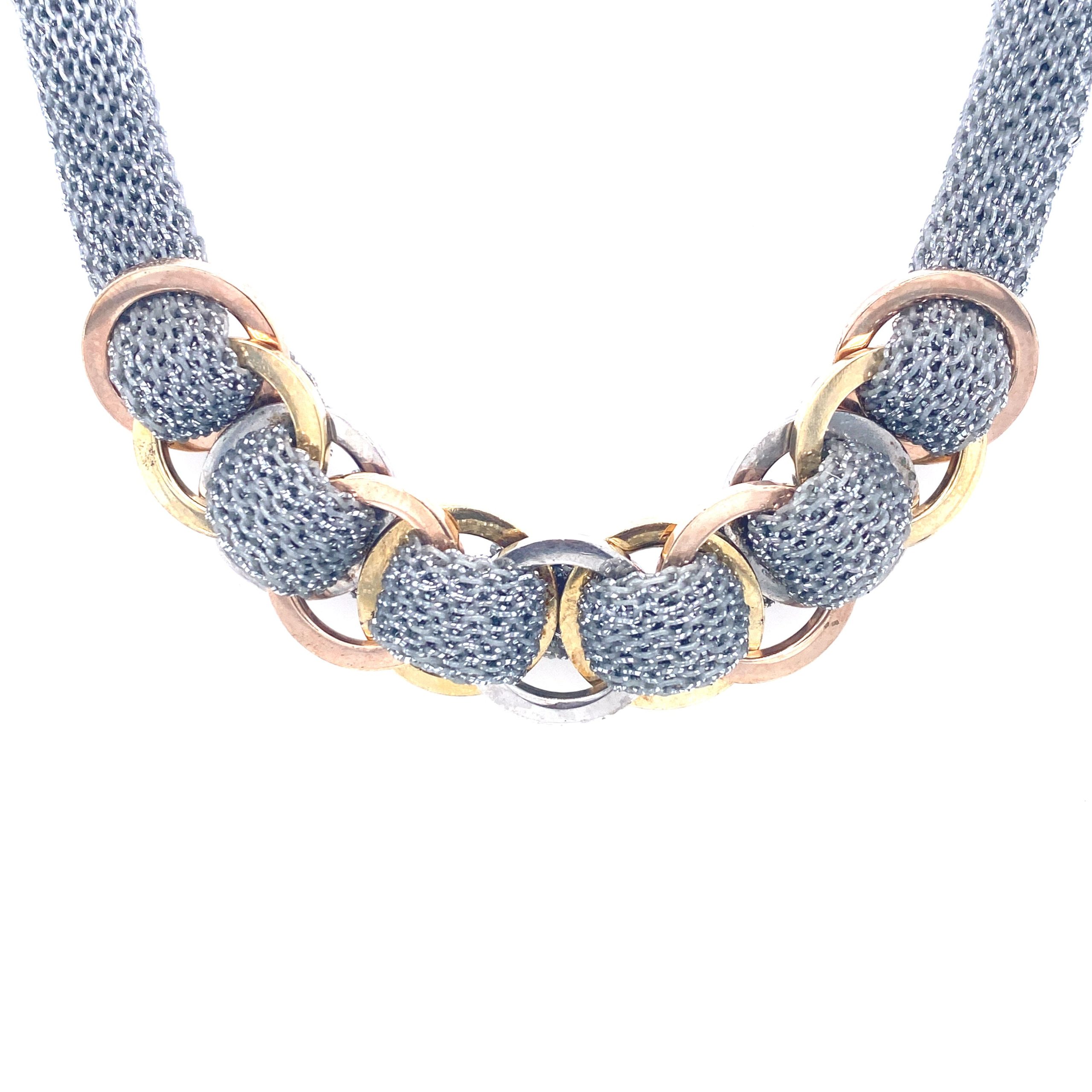 Silver Mesh with Tri-Color Details Necklace