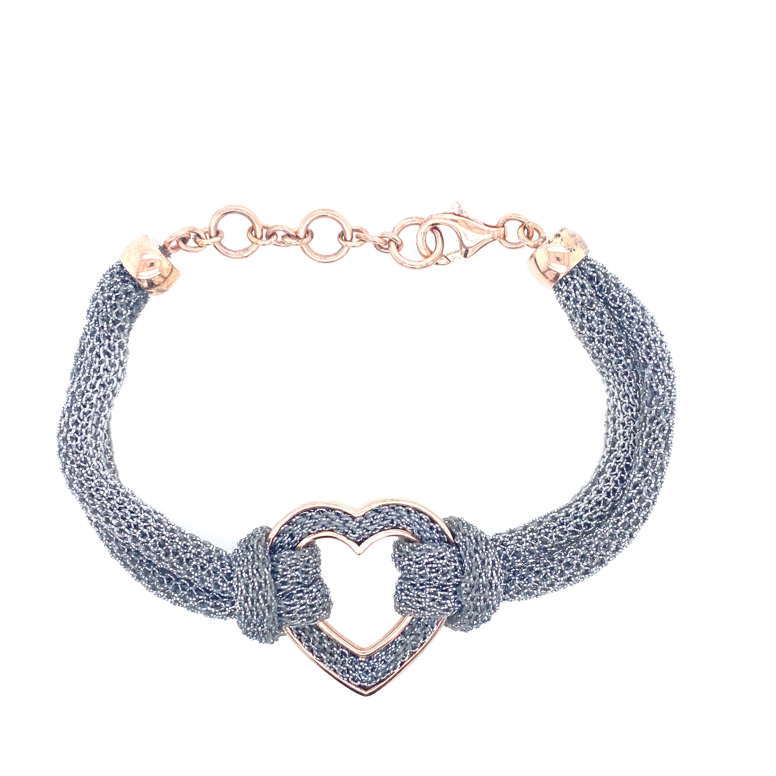Heart Silver Mesh Bracelet with Rose Gold Details