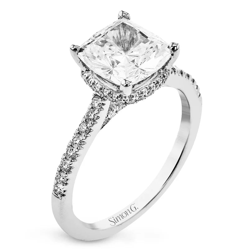 18K White Gold Cushion Cut Hidden Halo Semi-Mount Engagement Ring