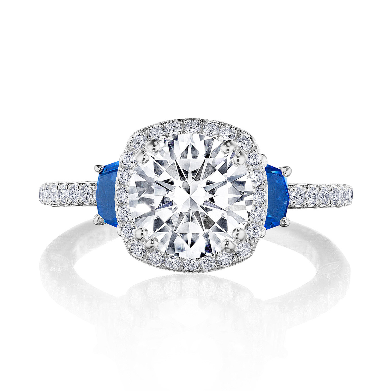 269217CUBS Cushion 3-Stone Engagement Ring with Blue Sapphire