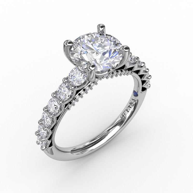 18K White Gold Contemporary Diamond Solitaire Semi-Mount Engagement Ring With Openwork Diamond Band