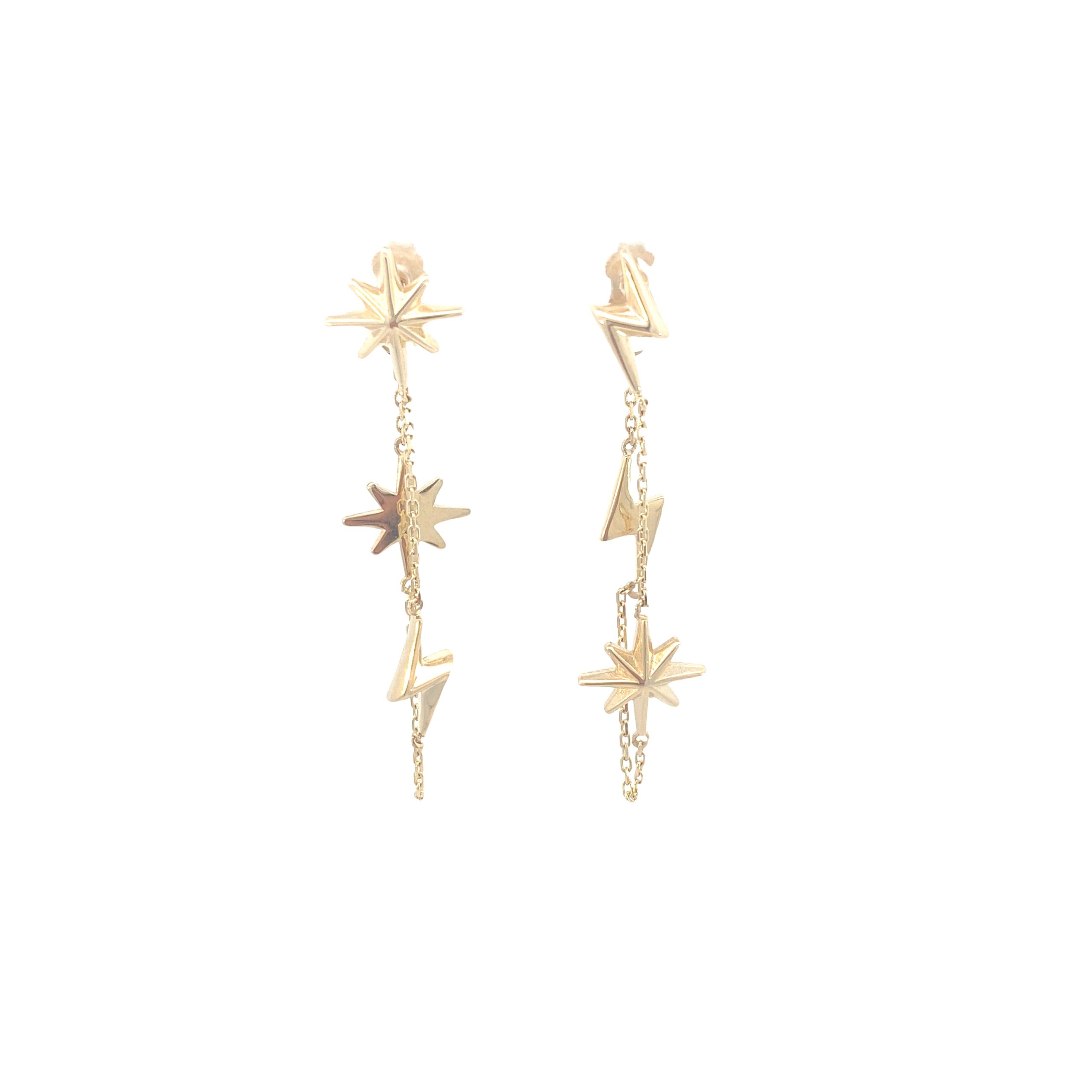 14K Gold Star Shape Long Earrings