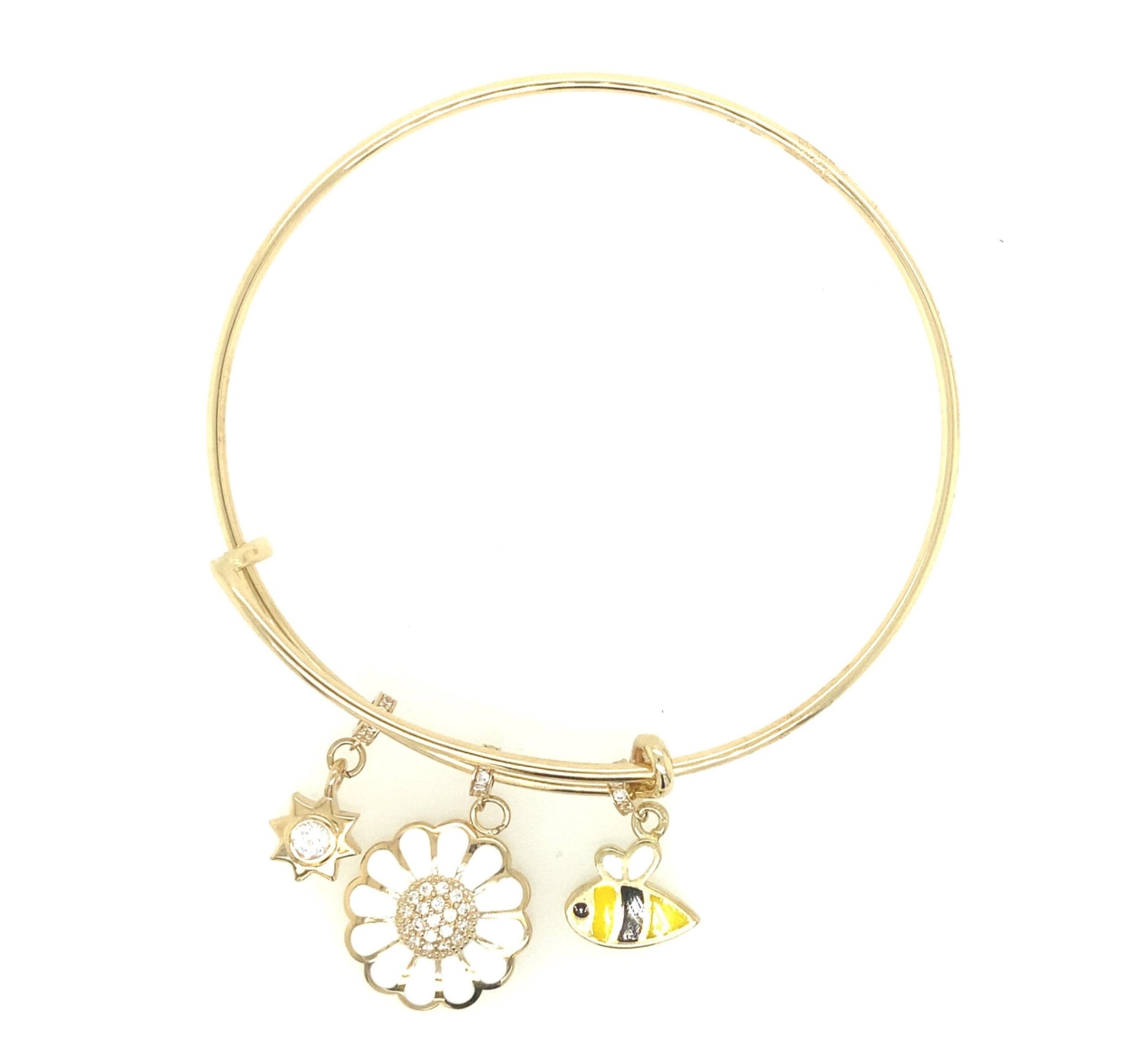 14k Gold Bangle with Dangling Bee, Flower and Star