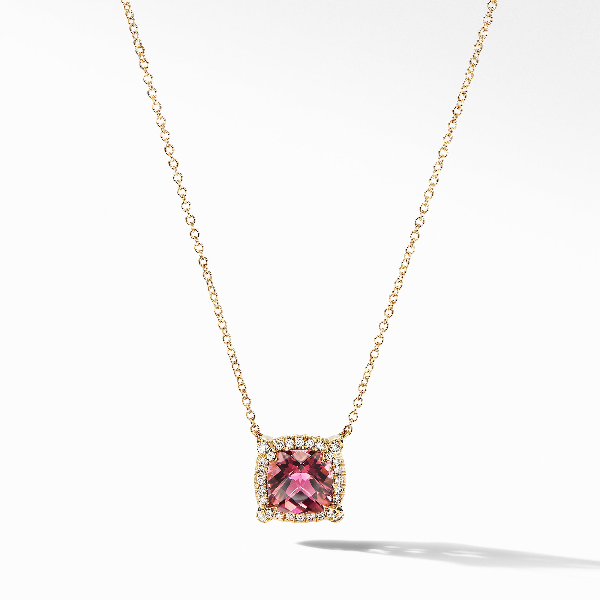 David Yurman Petite Chatelaine Pave Bezel Pendant Necklace in 18k Gold with Pink Tourmaline- N14202D88APTDI