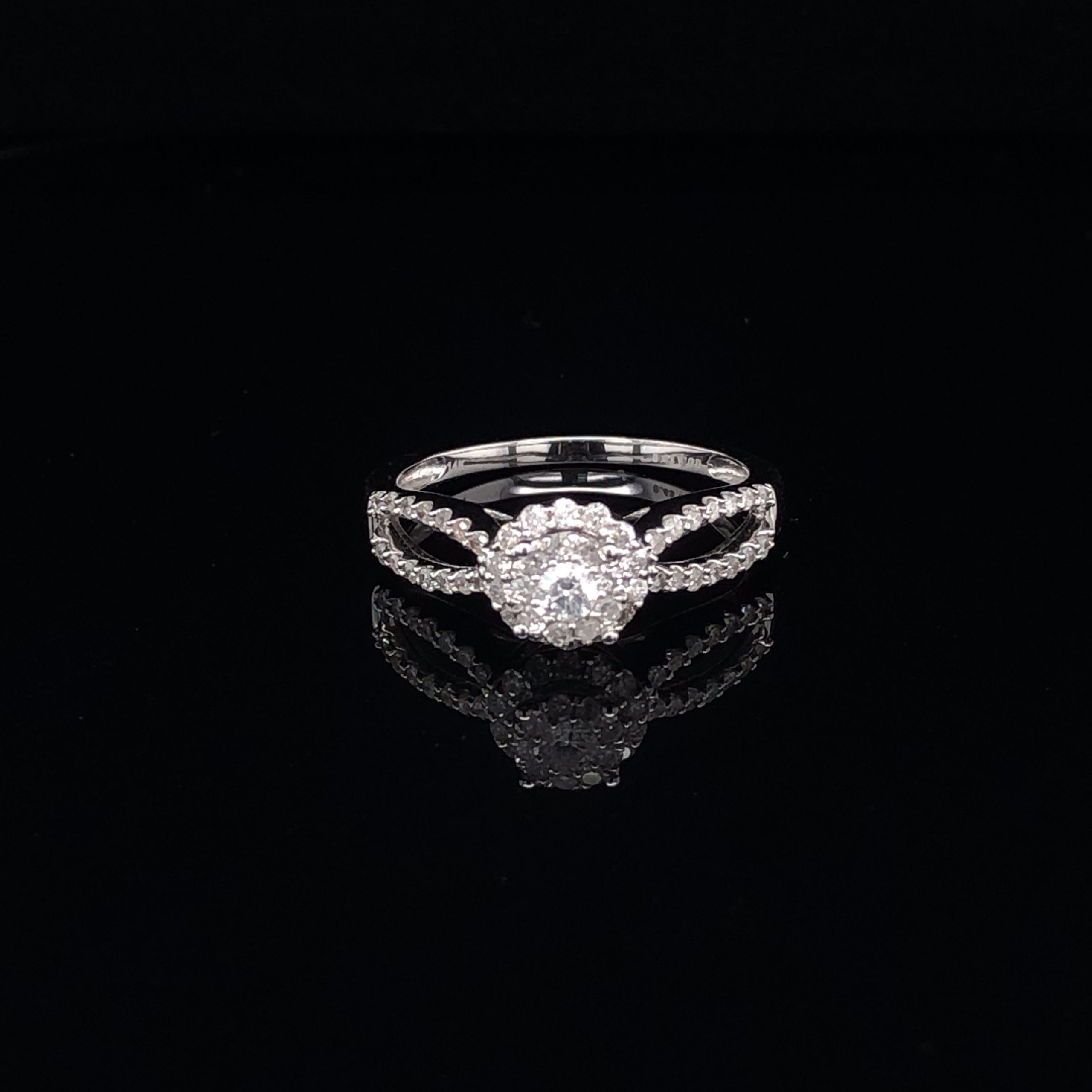 Double Diamond Halo Split Band White Gold Engagement Ring