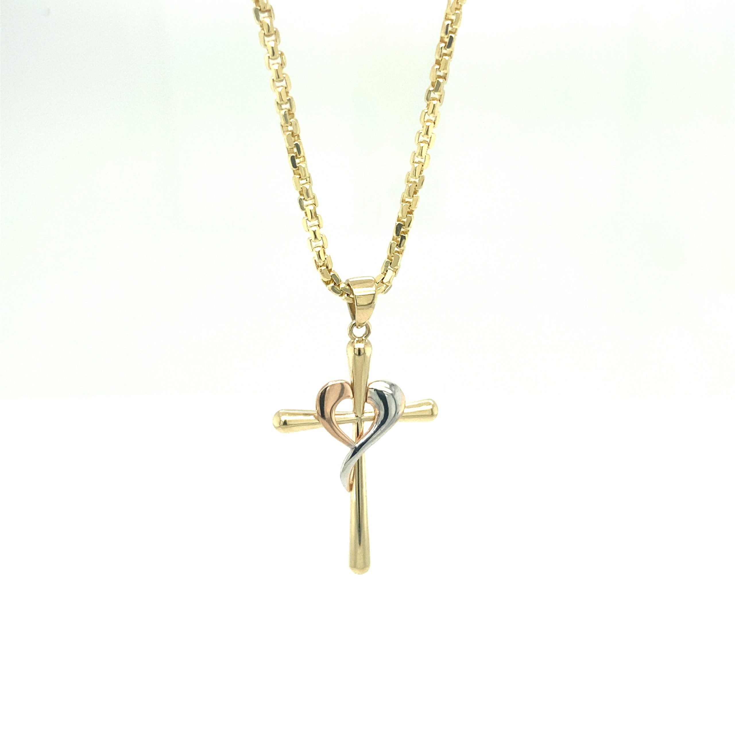 14K Gold Cross with 3/C Heart Pendant