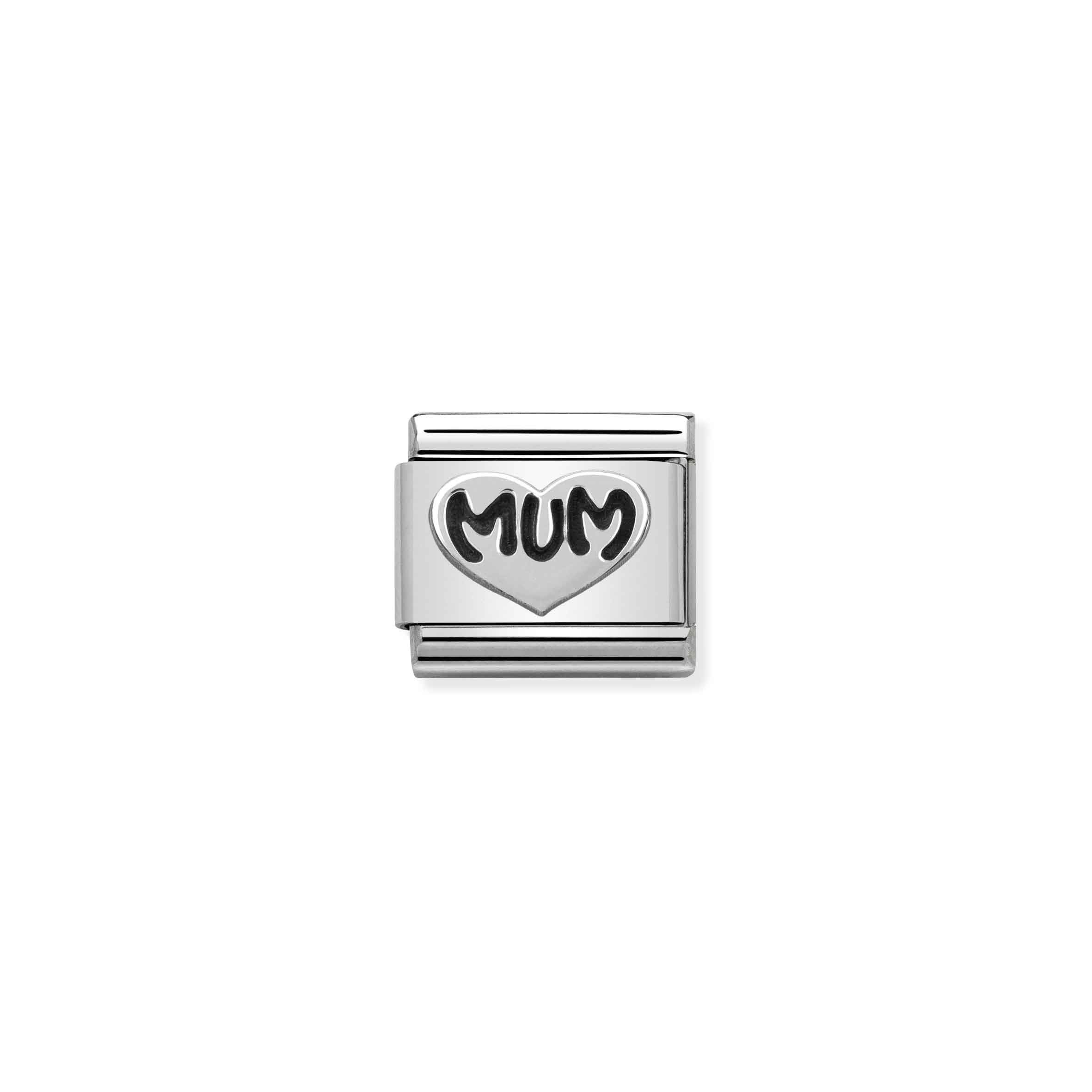 Charm, Composable Link, Silver Mum writing with Heart