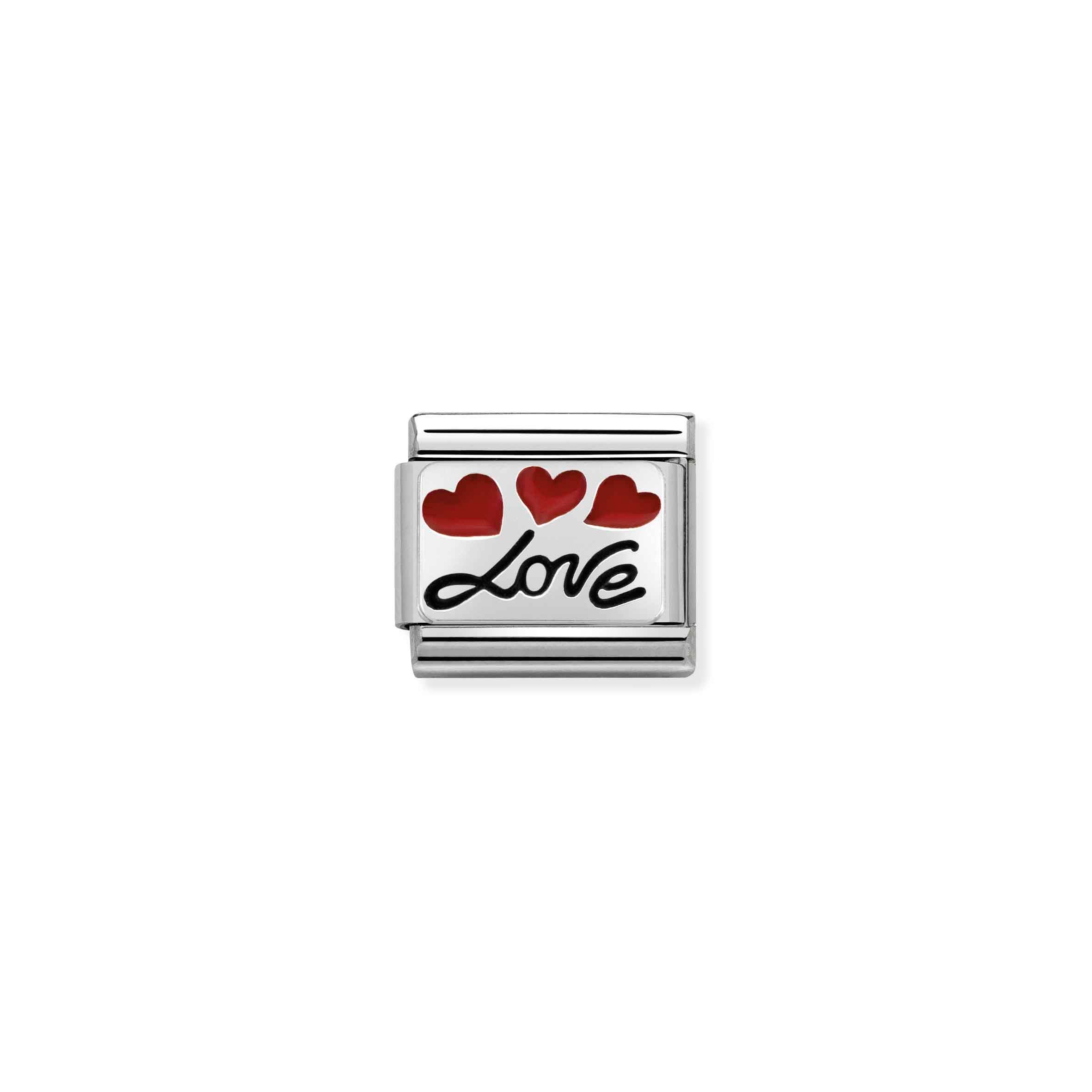 Charm, Composable Link, Love in italics with red enamel