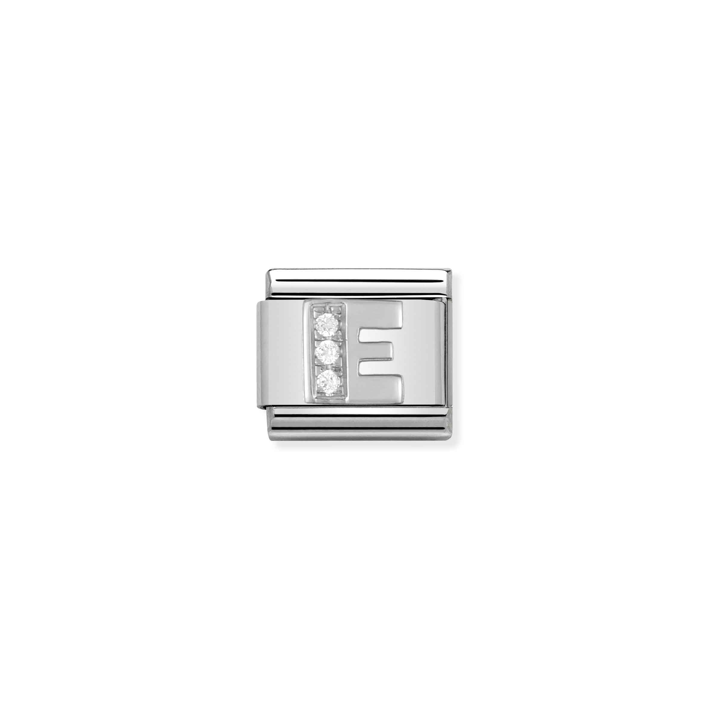 Charm, Composable Link, Letter E in Silver and Stones