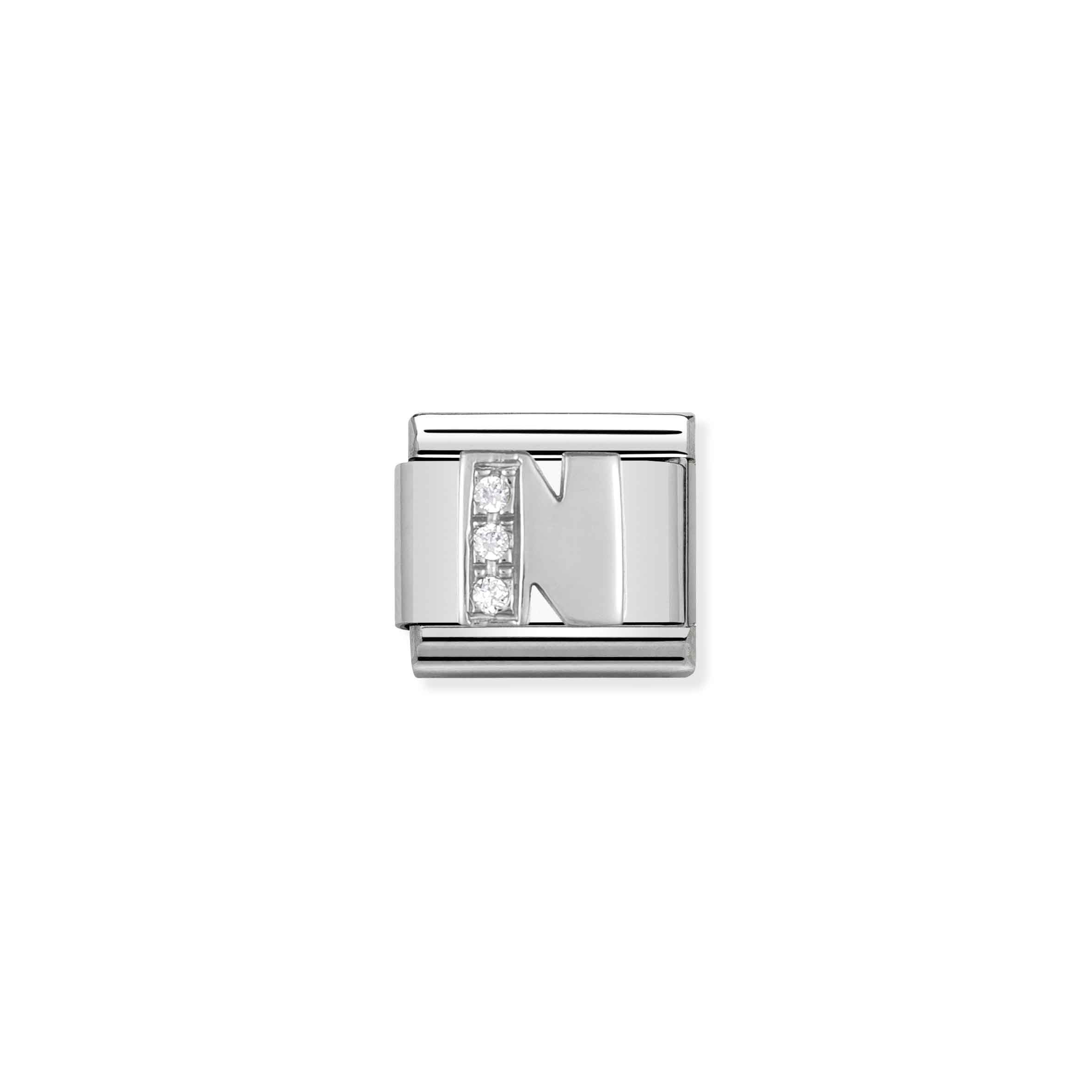 Charm, Composable Link, Letter N in Silver and Stones