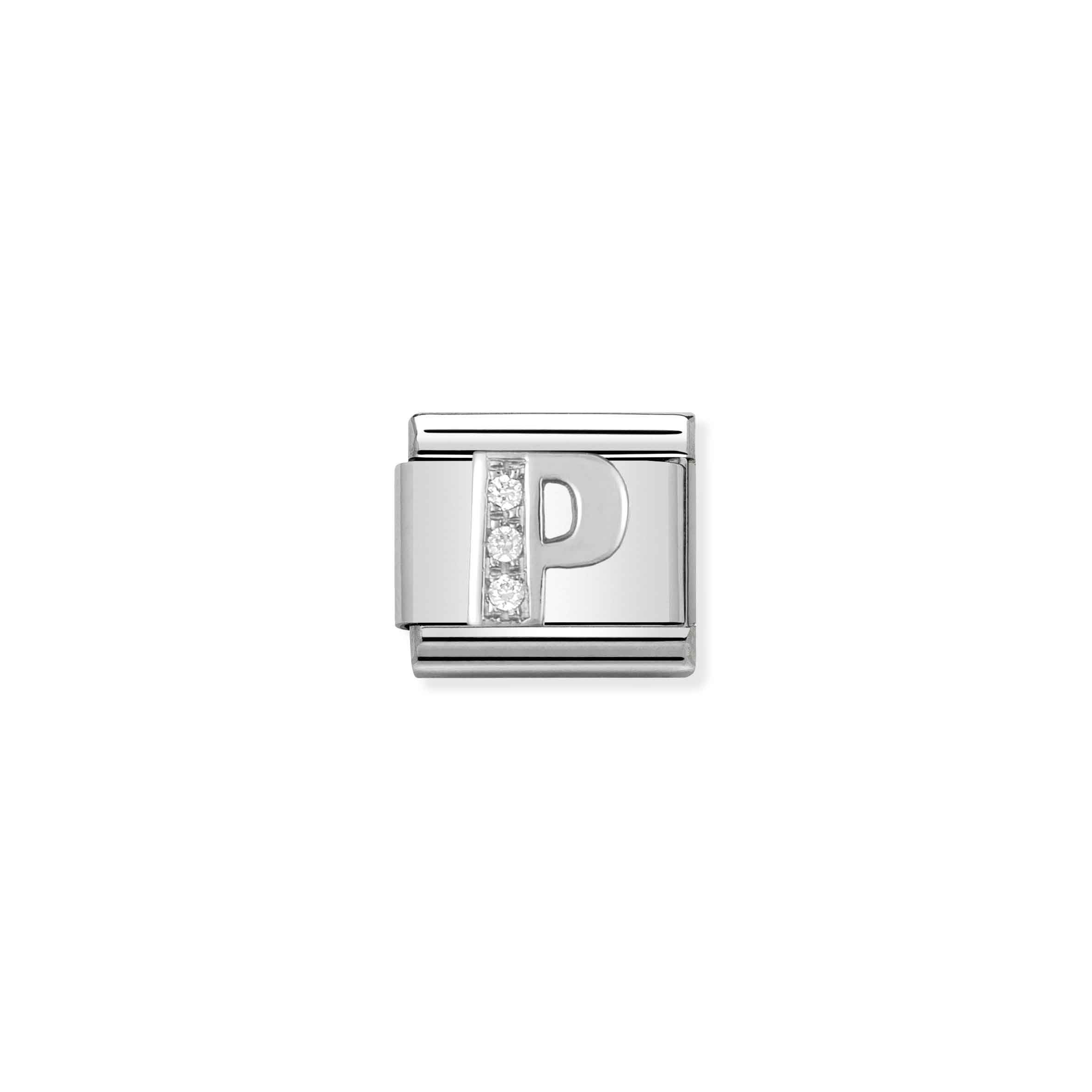 Charm, Composable Link, Letter P in Silver and Stones