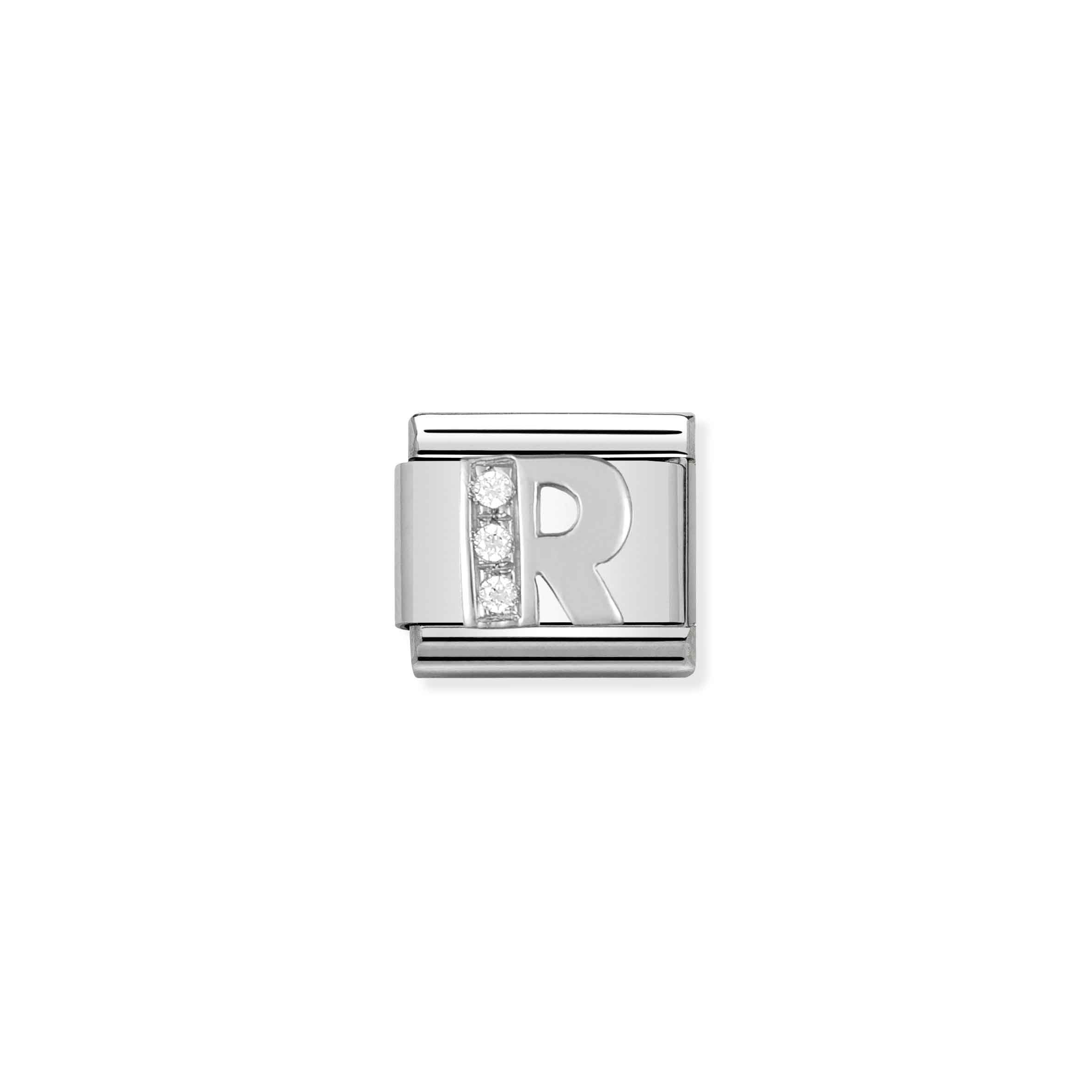 Charm, Composable Link, Letter R in Silver and Stones