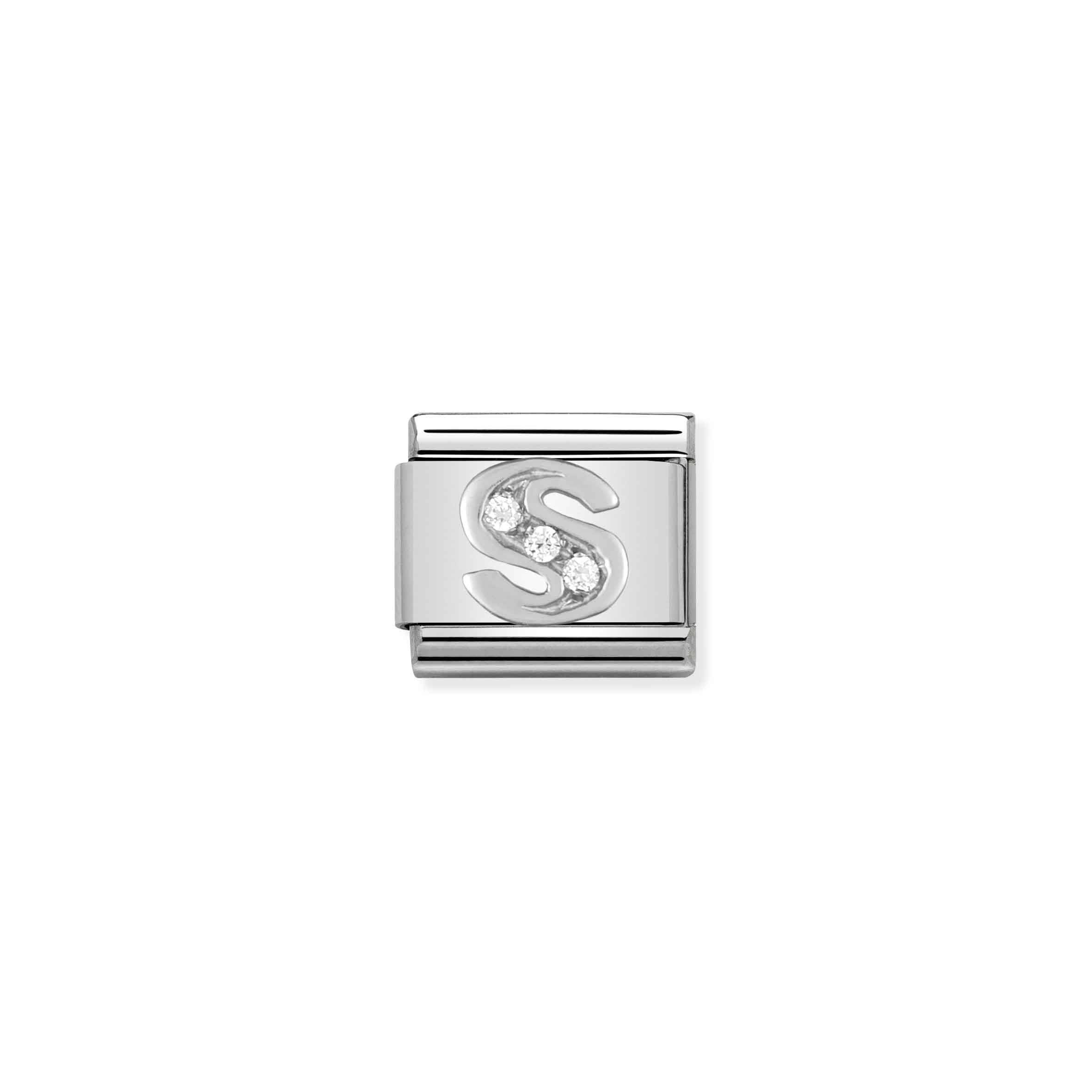 Charm, Composable Link, Letter S in Silver and Stones