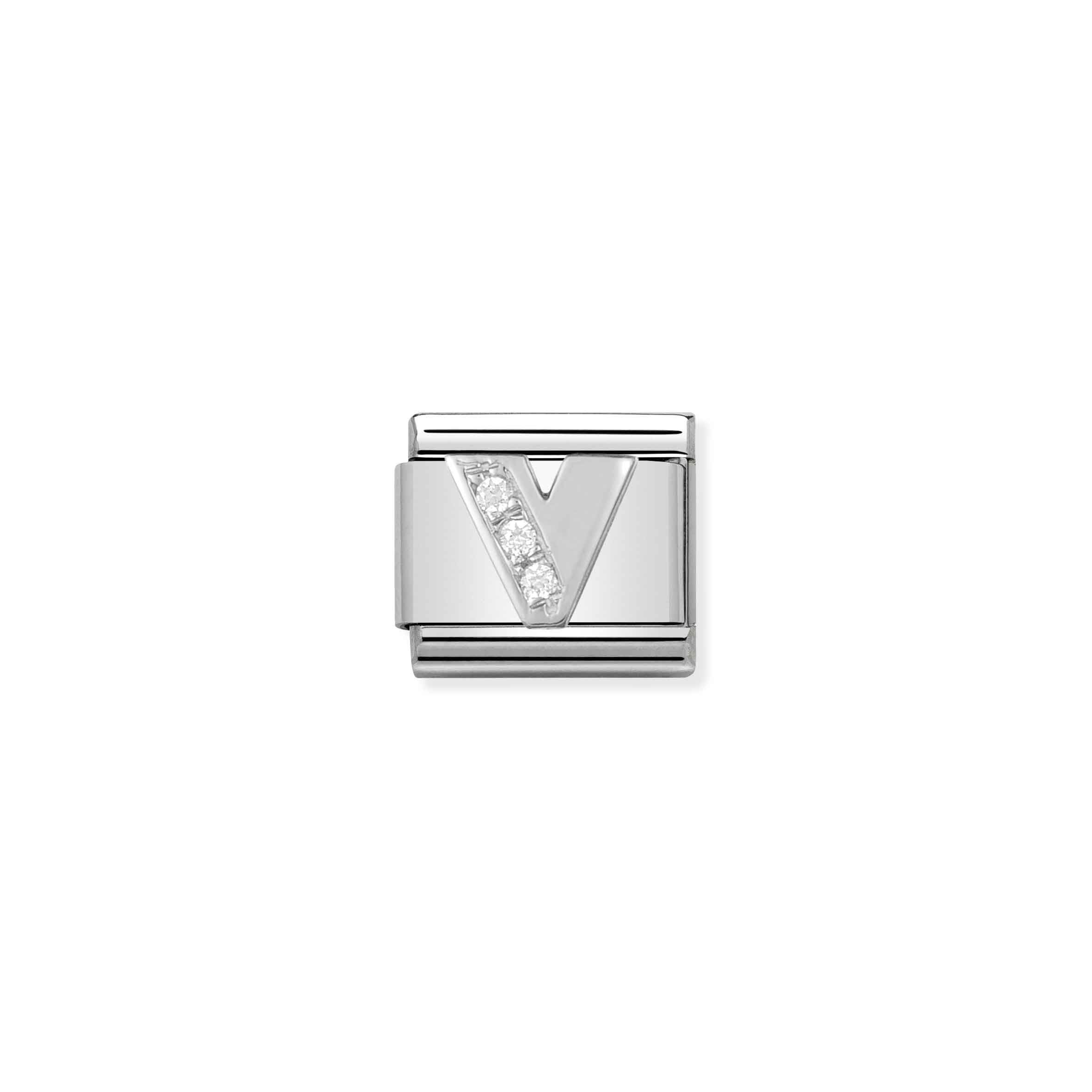 Charm, Composable Link, Letter V in Silver and Stones