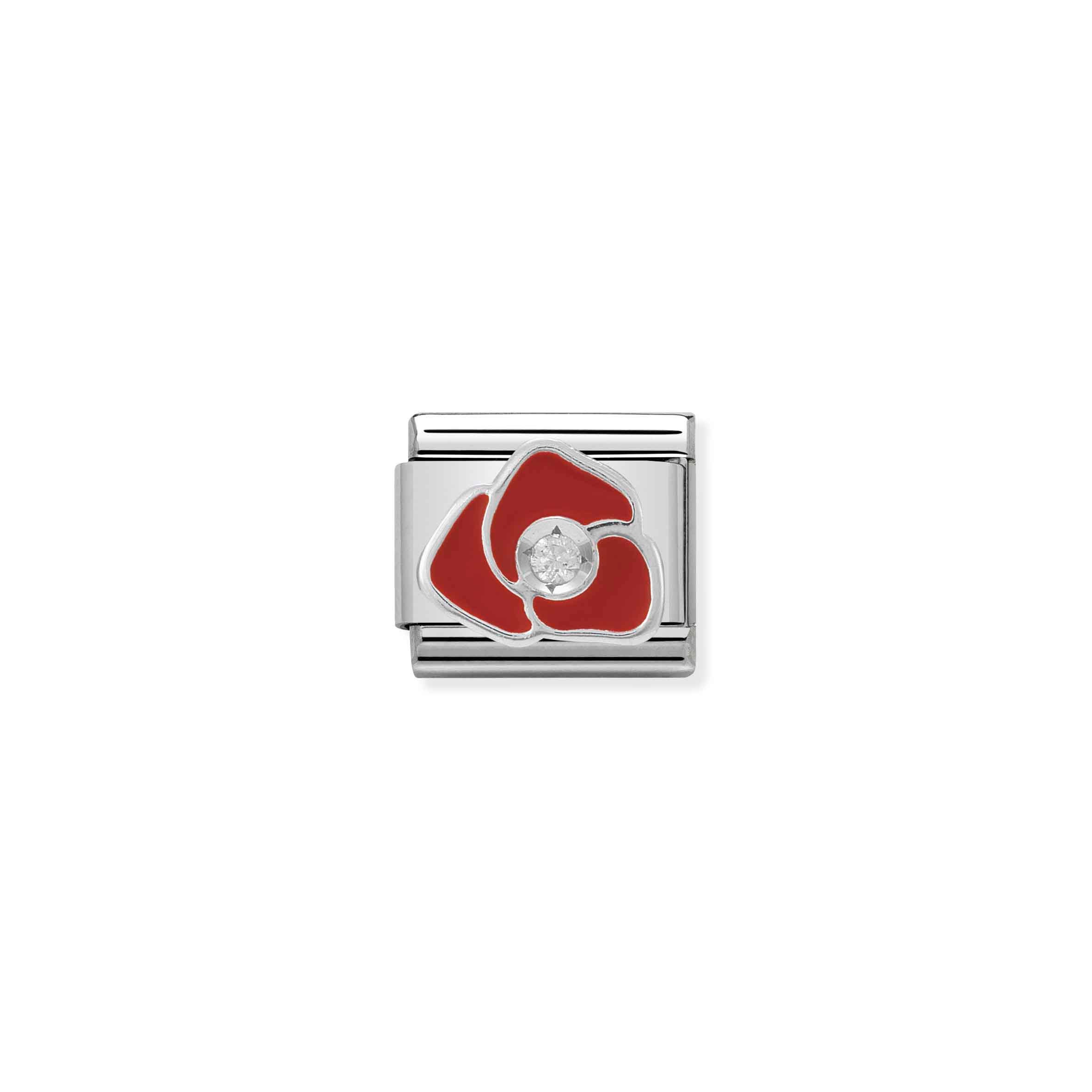 Charm, Composable Link, red Rose in Enamel and Stone