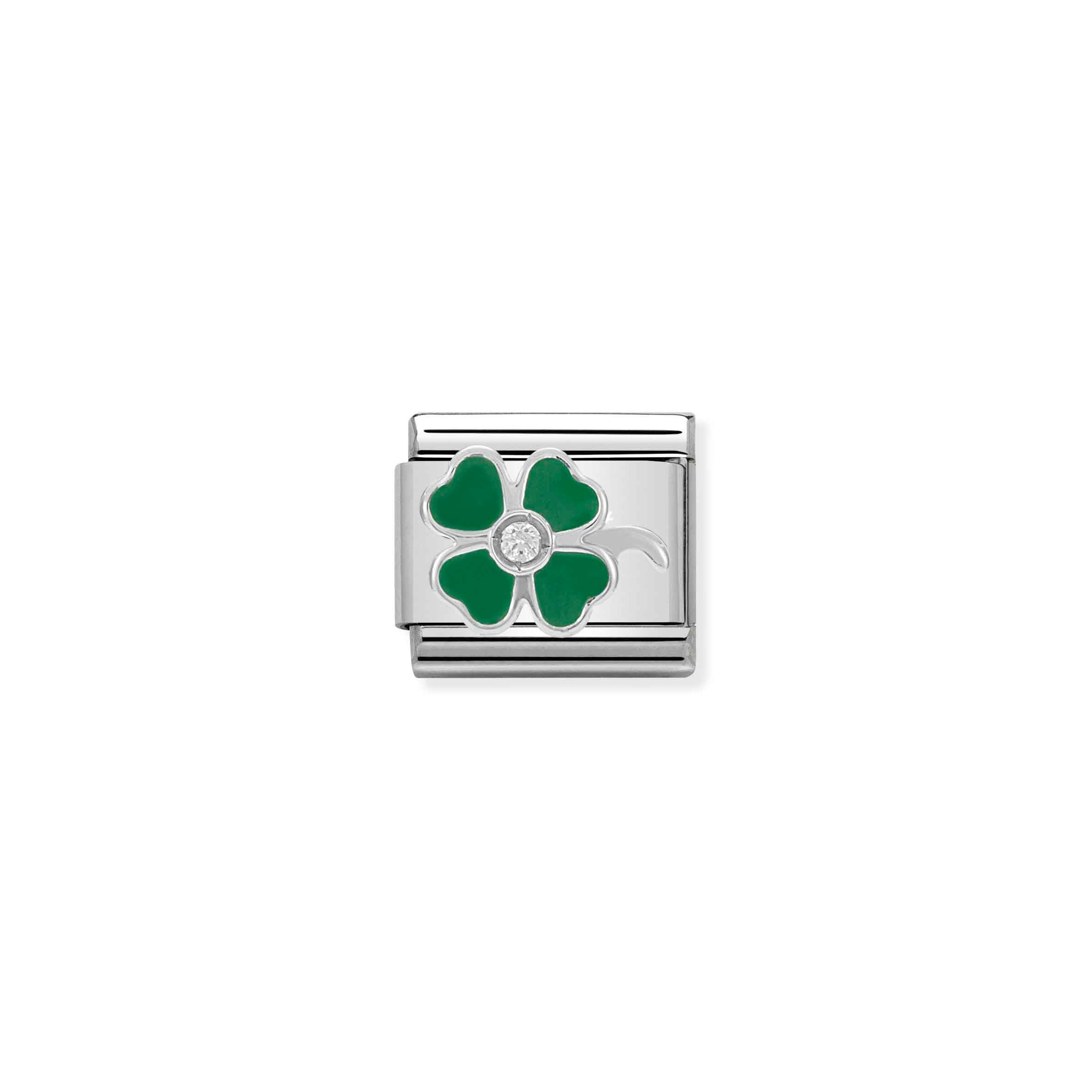 Charm, Composable Link, green Clover in Enamel and Stone
