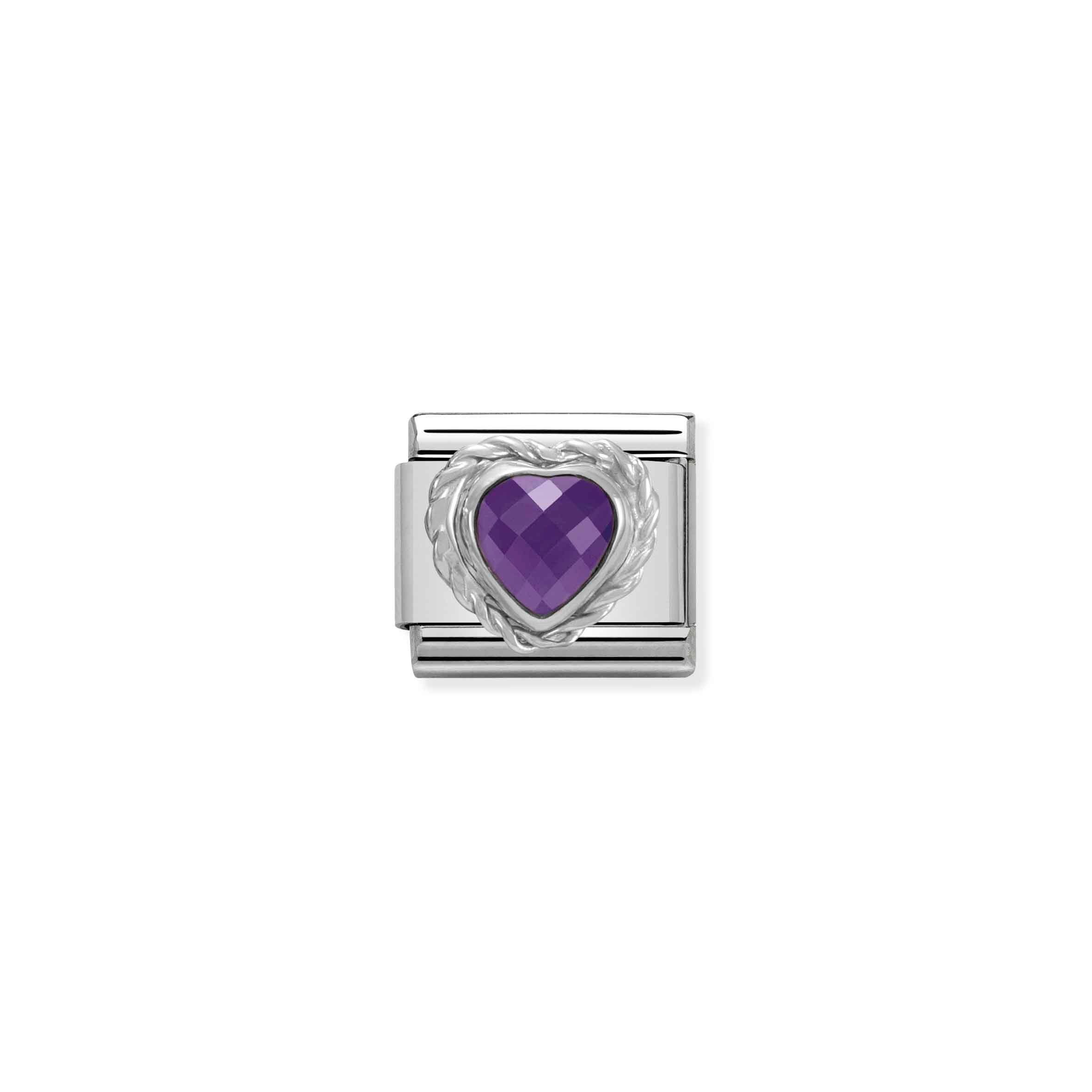 Charm, Composable Link, Heart-shaped faceted purple Stone and Silver