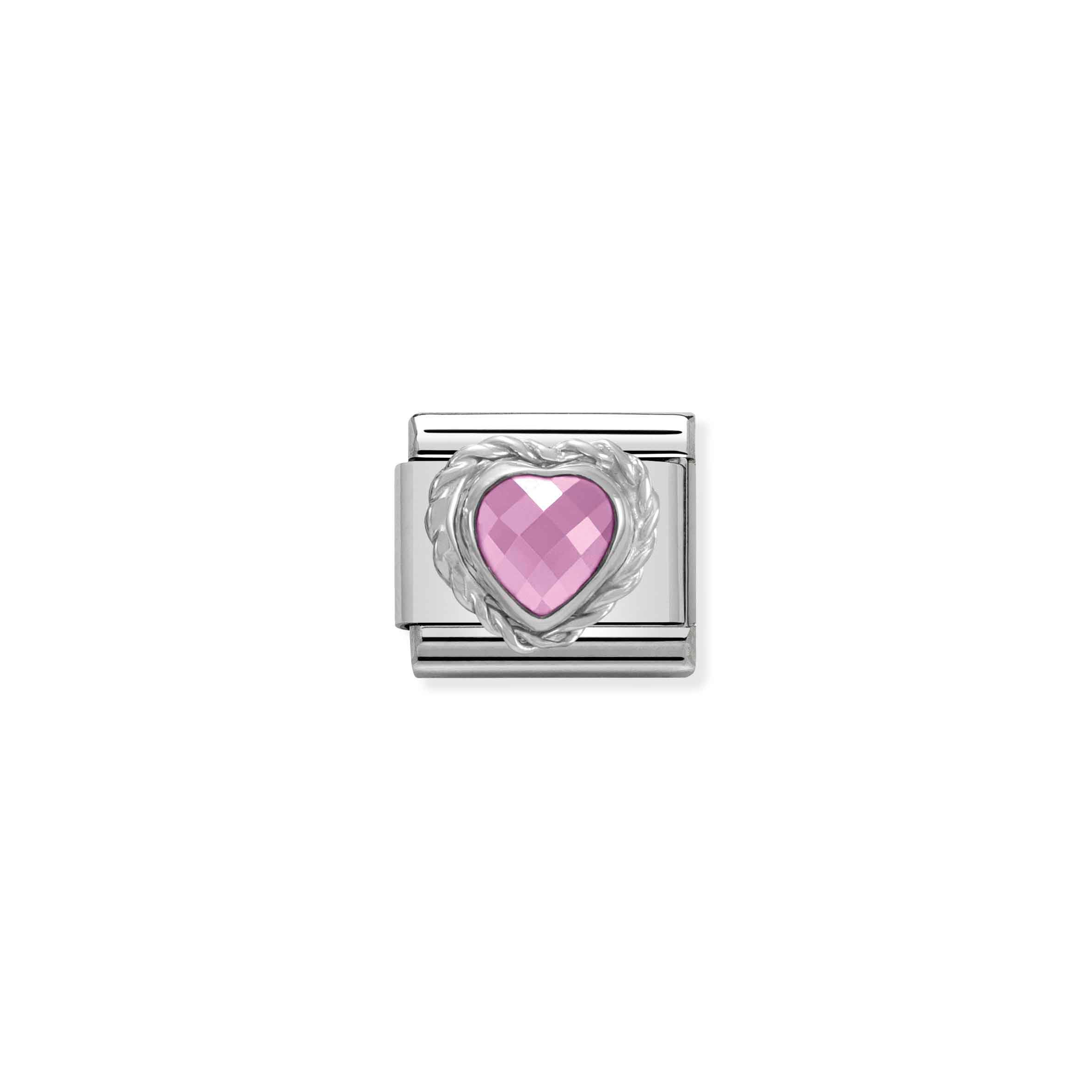 Charm, Composable Link, Heart-shaped faceted pink Stone and Silver