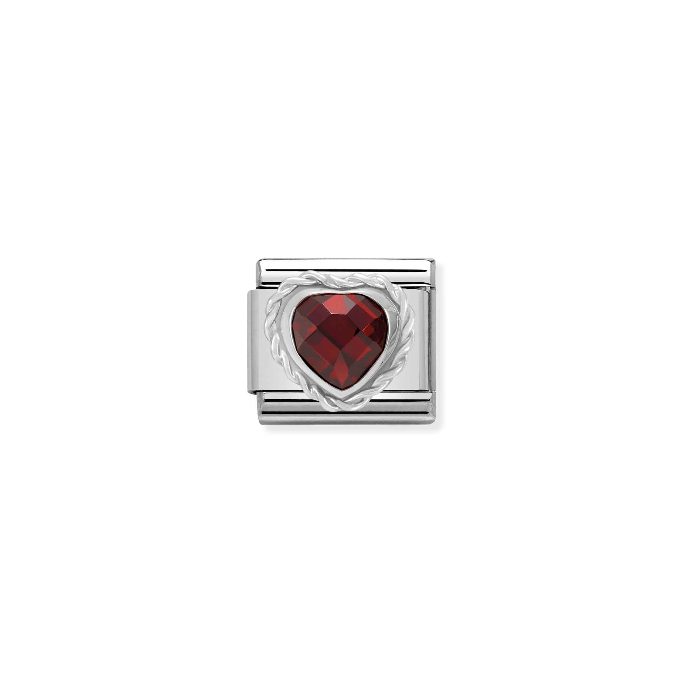 Charm, Composable Link, Heart-shaped faceted red Stone and Silver