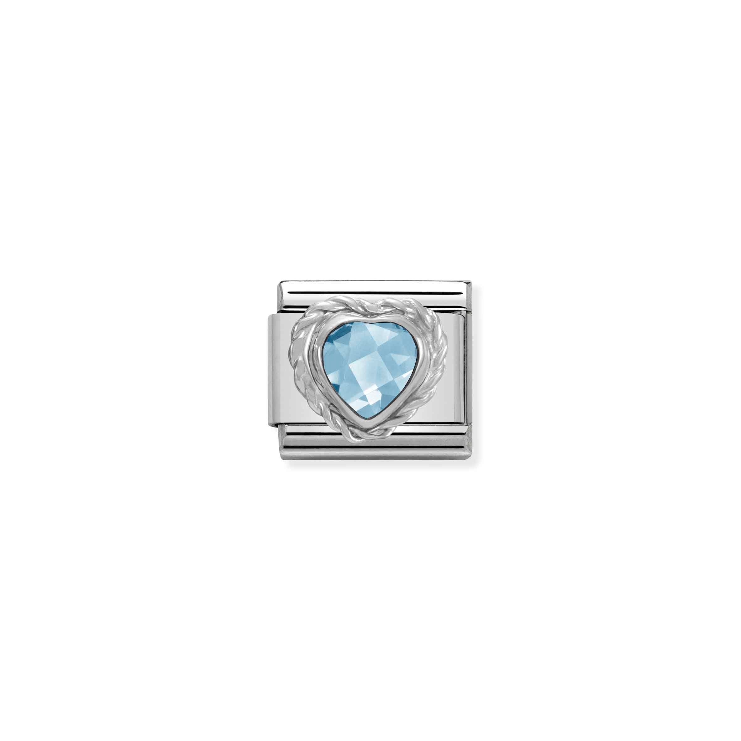 Charm, Composable Link, Heart-shaped faceted light blue Stone and Silver