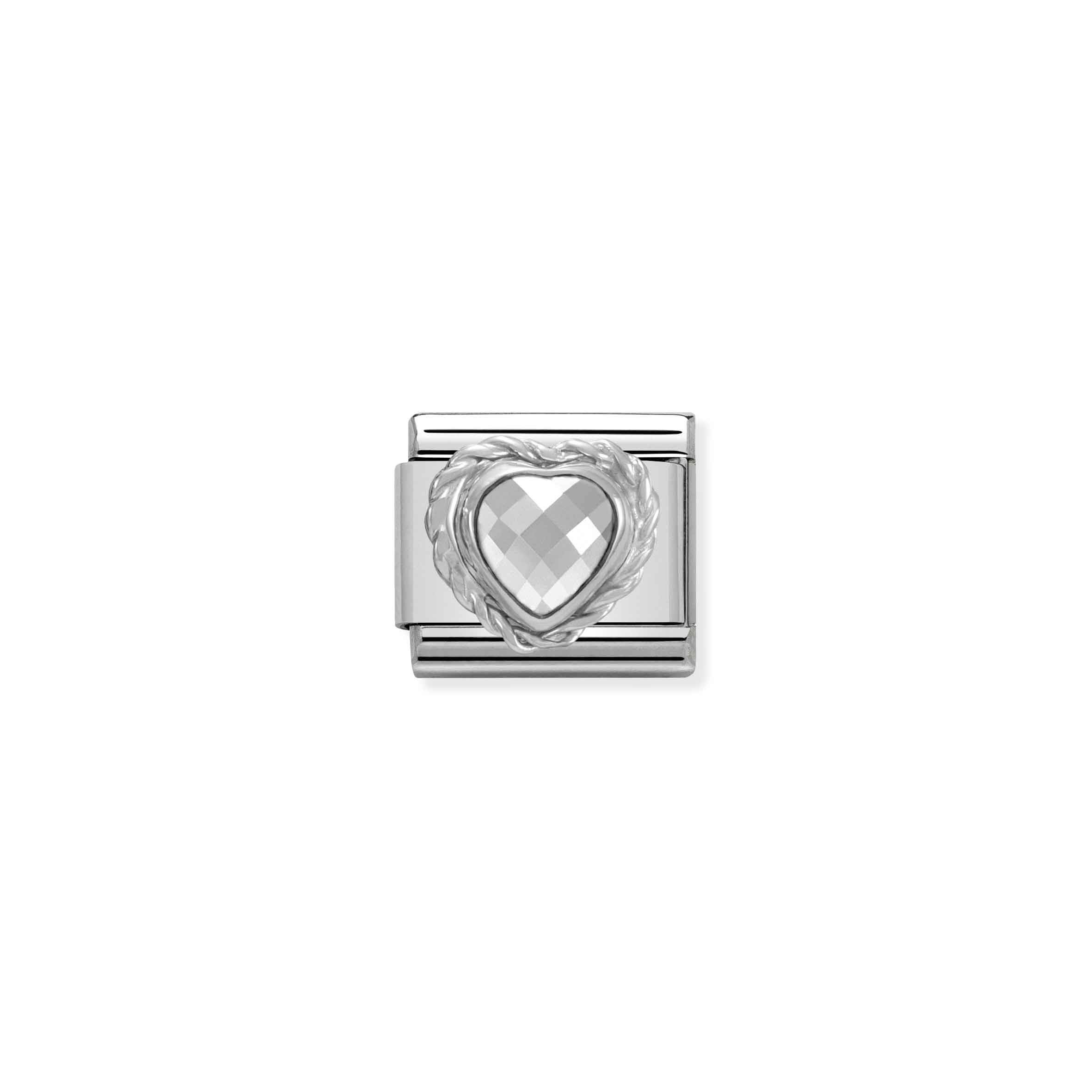 Charm, Composable Link, Heart-shaped faceted white Stone and Silver