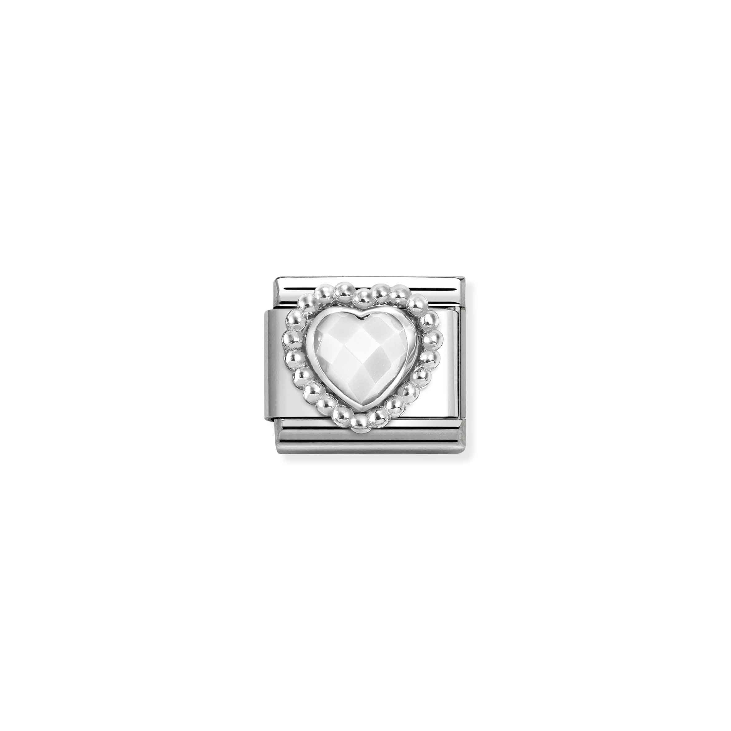 Charm, Composable Link, Faceted White Heart,Beaded