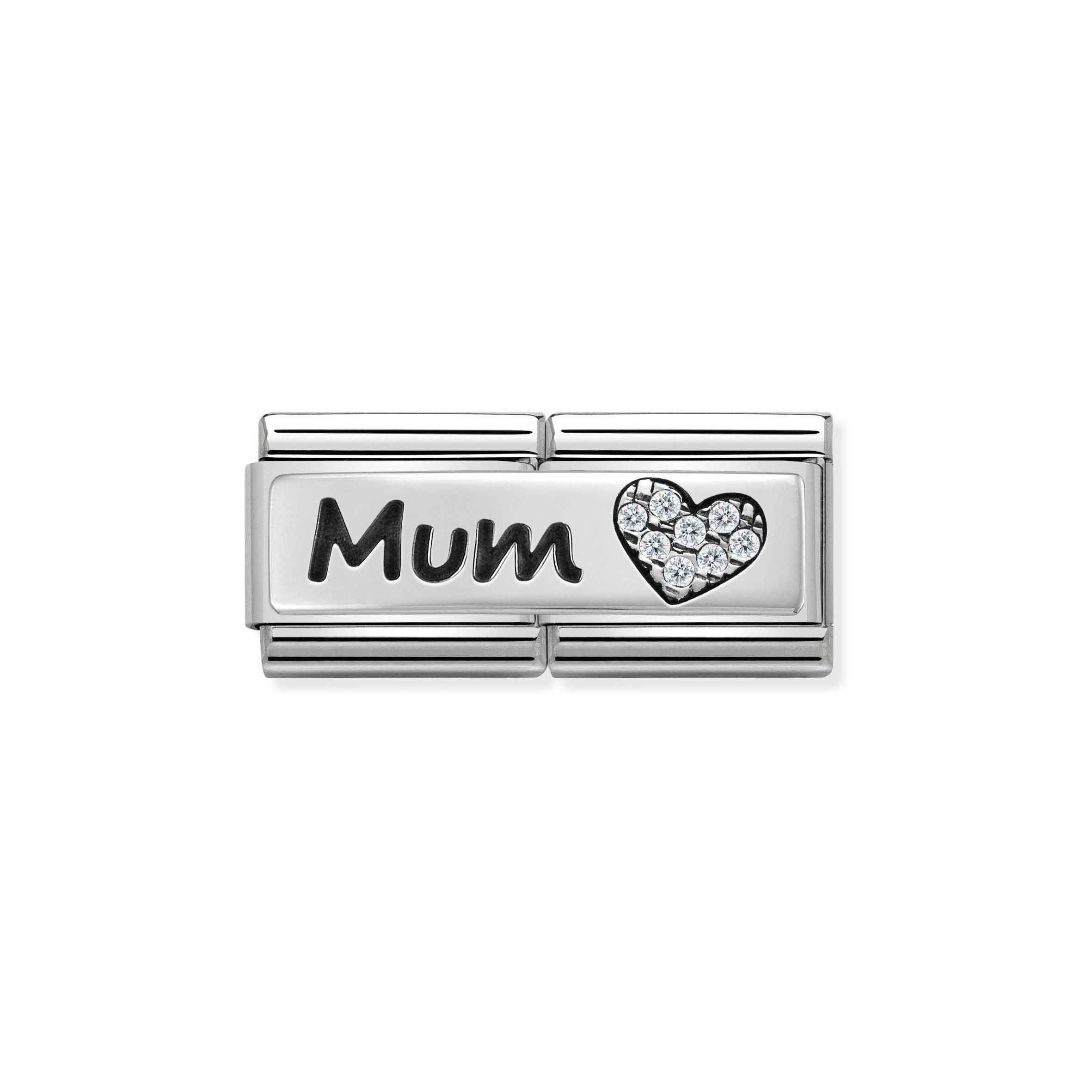 Charm, Composable Double Link, Mum and Heart with Stones