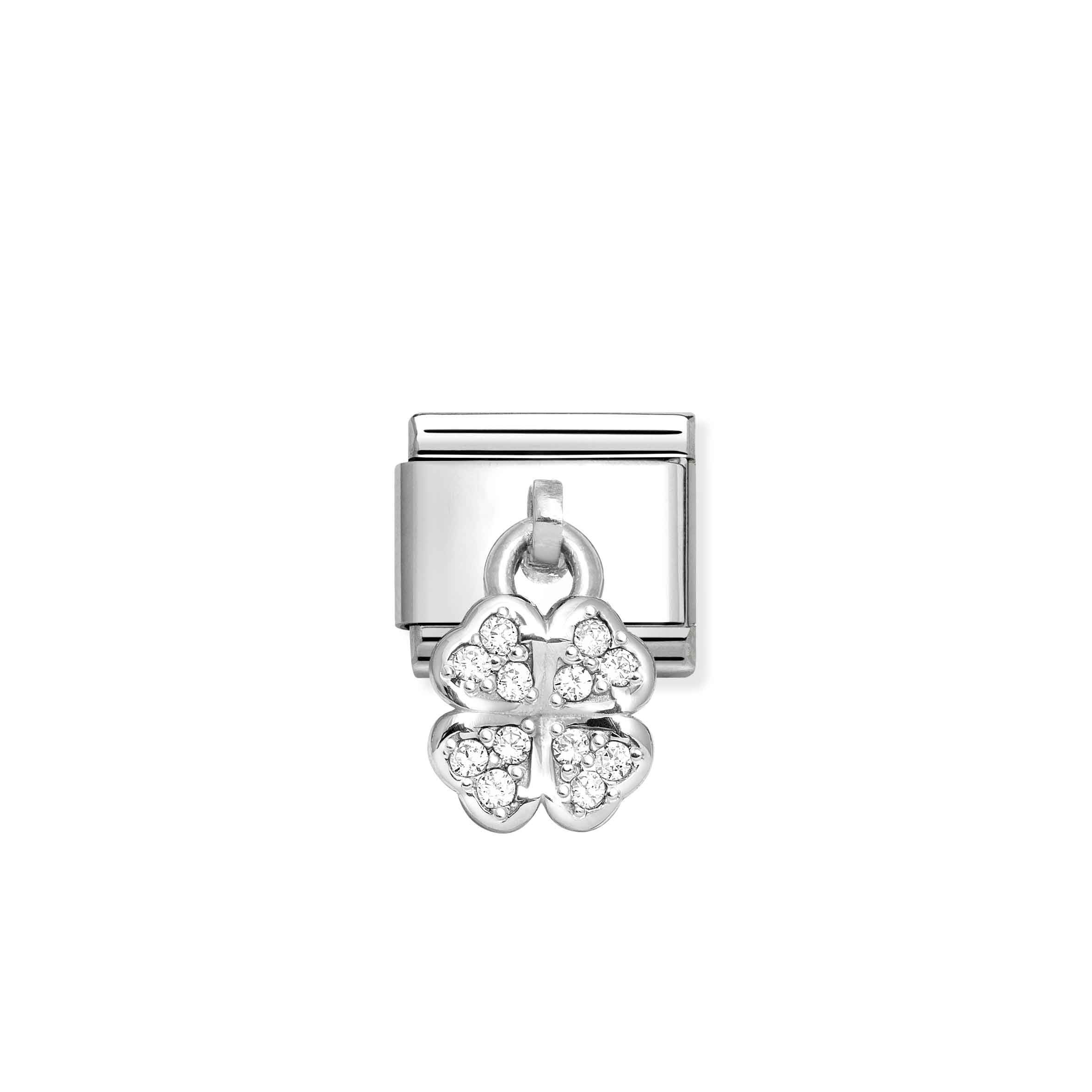 Charm, Composable Link, Pendant Four-leaf Clover, White stones