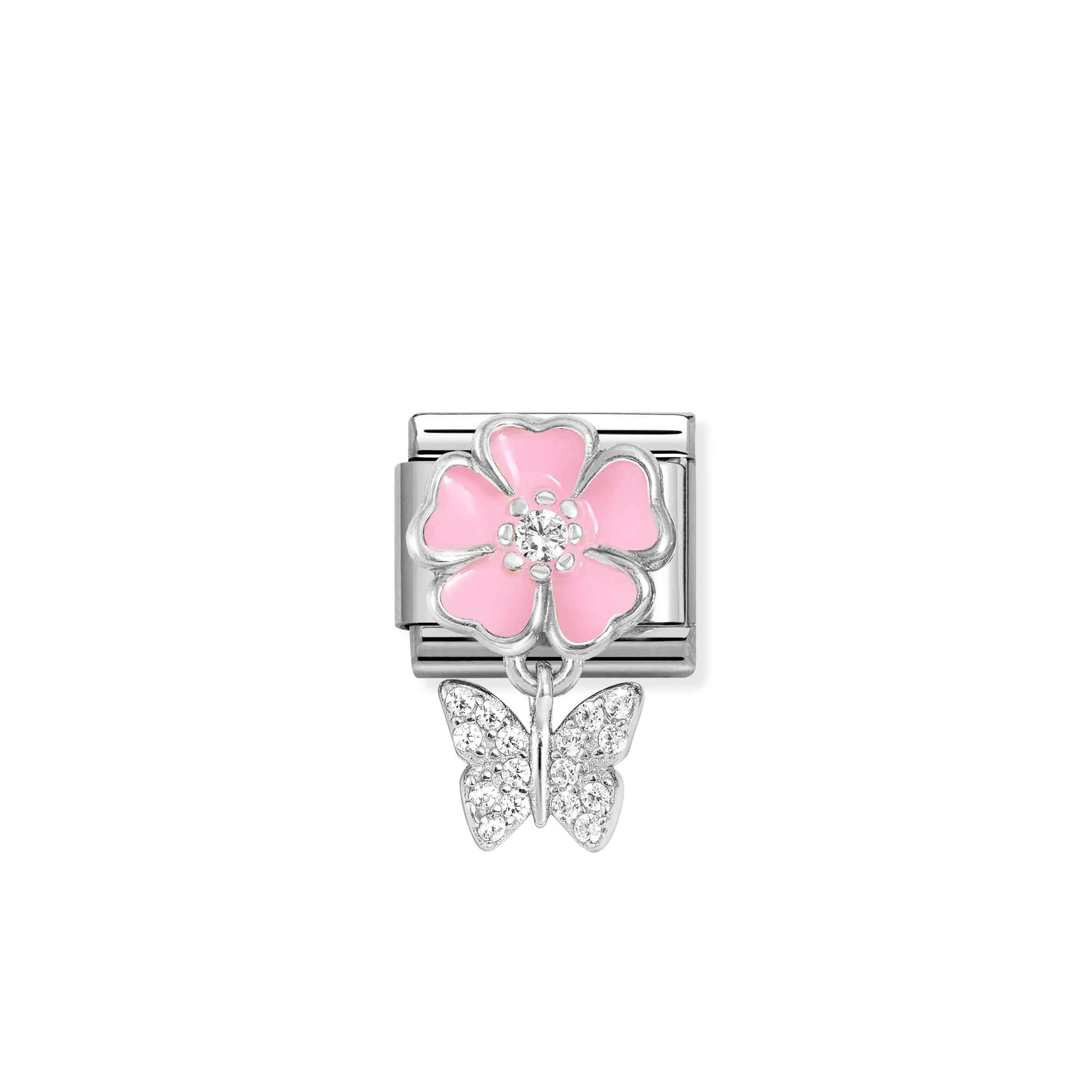 Charm, Composable Link, Pink Flower, Butterfly pendant