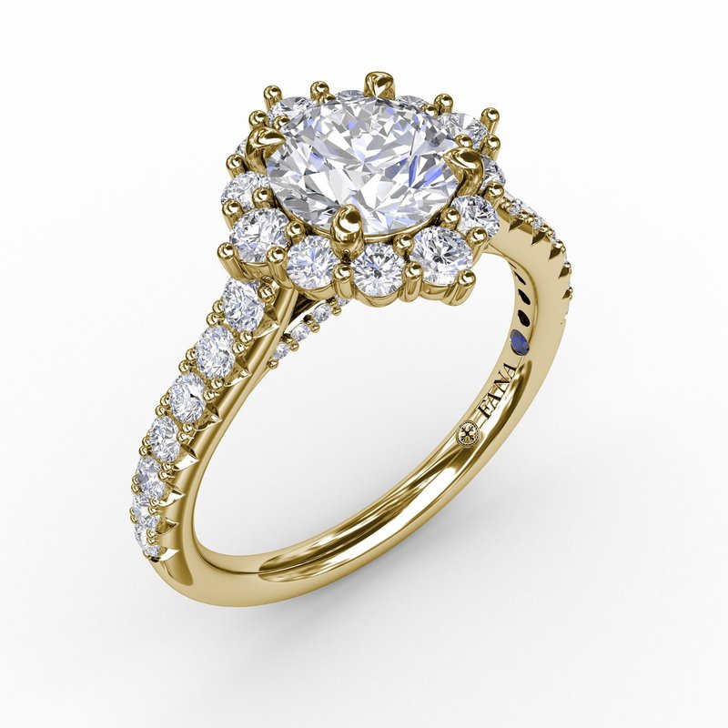 18K Yellow Gold Angled Cushion-Shaped Diamond Halo Semi-Mount Engagement Ring With Diamond Band
