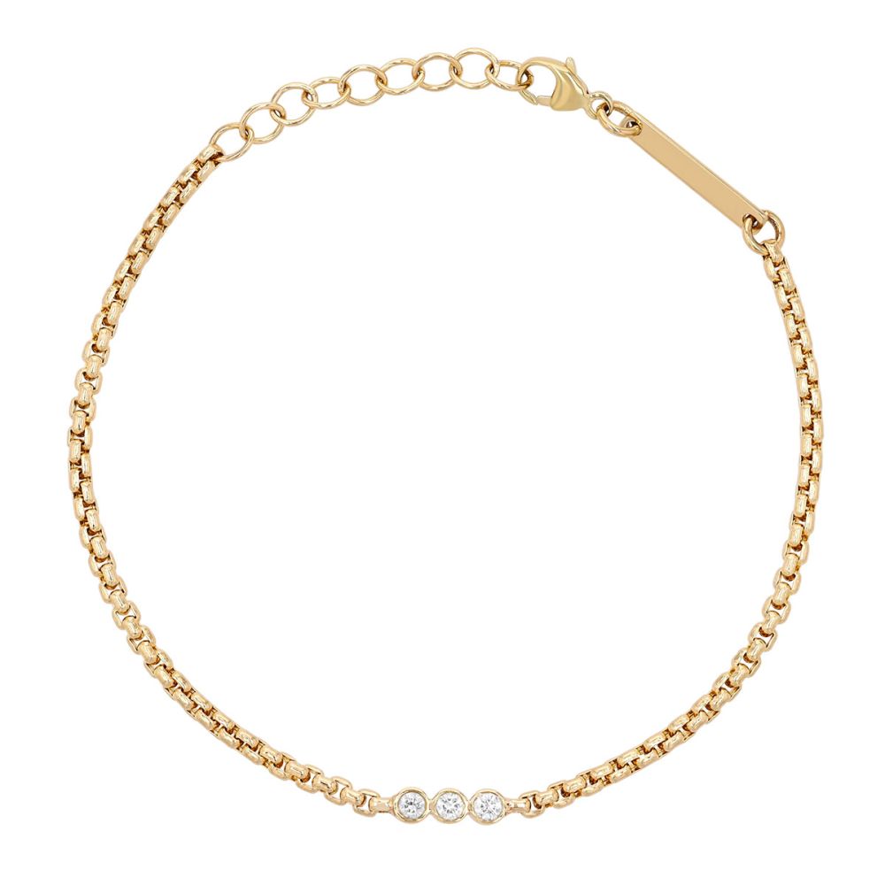 Bezel Set Diamond Trio & Box Chain Bracelet in Yellow Gold, 7"